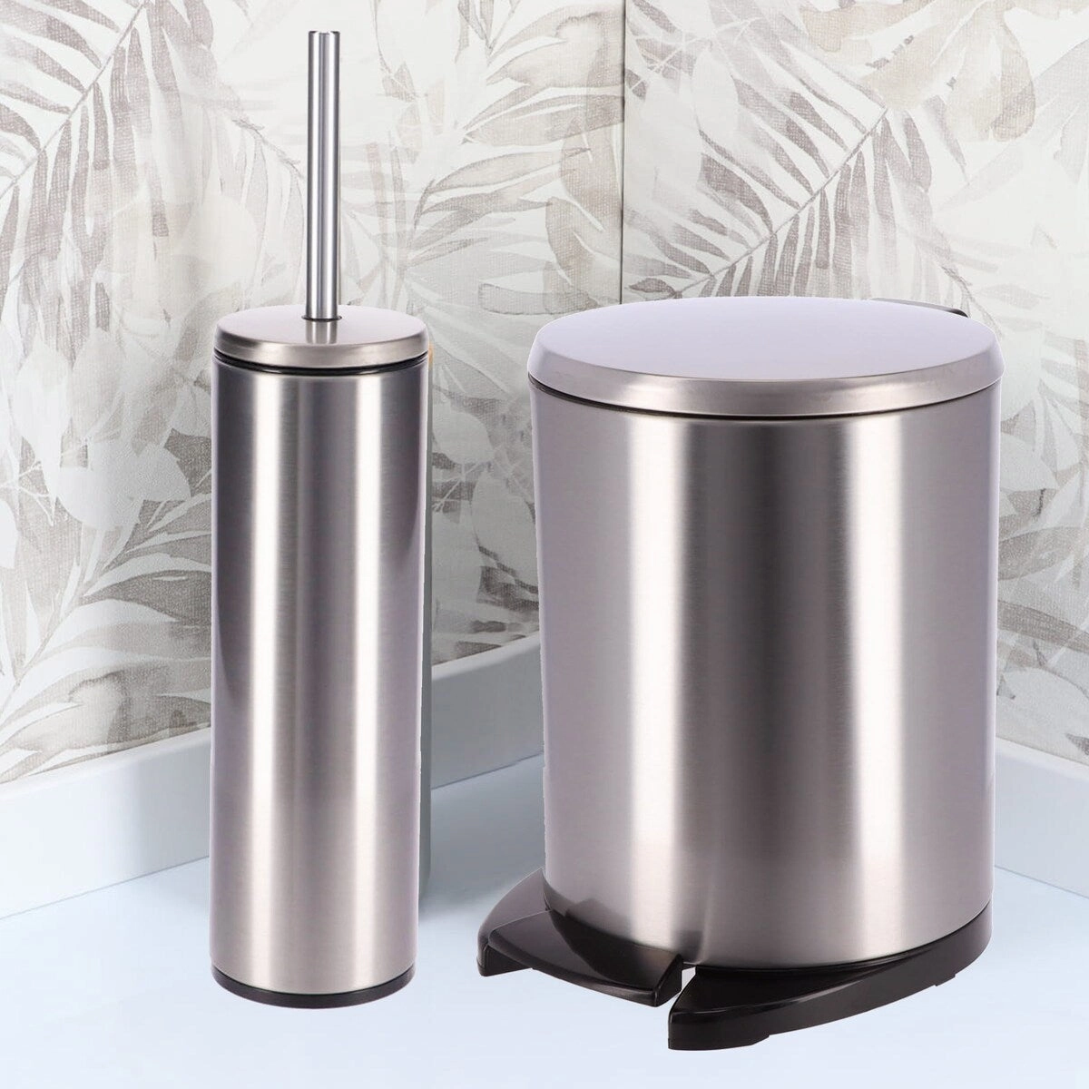 Freestanding Round Stainless Steel Toilet Brush and Holder Set - 15.8 inches H x 4" Diam