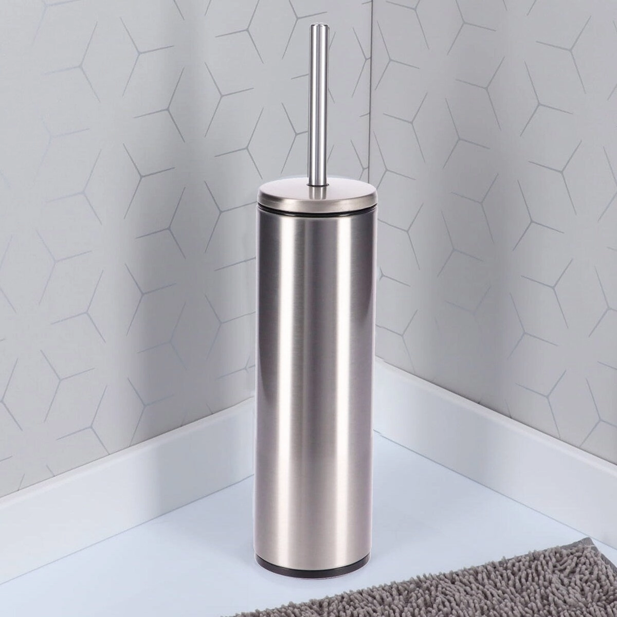 Freestanding Round Stainless Steel Toilet Brush and Holder Set - 15.8 inches H x 4" Diam
