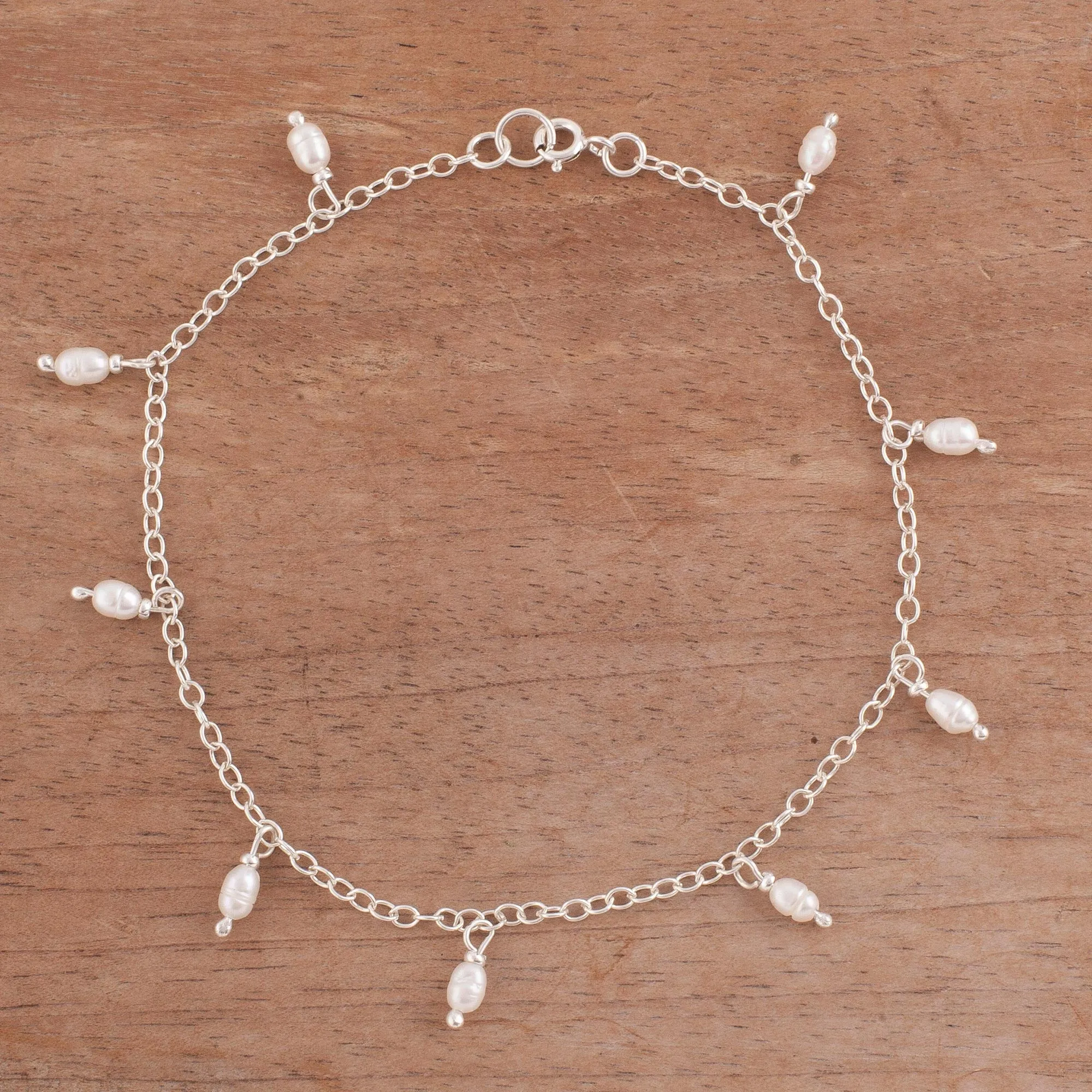 Fresh Walk Dangling Cultured Pearl and Sterling Silver Anklet from Peru