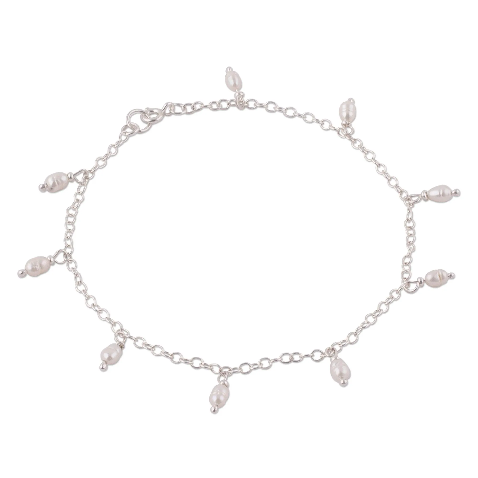 Fresh Walk Dangling Cultured Pearl and Sterling Silver Anklet from Peru