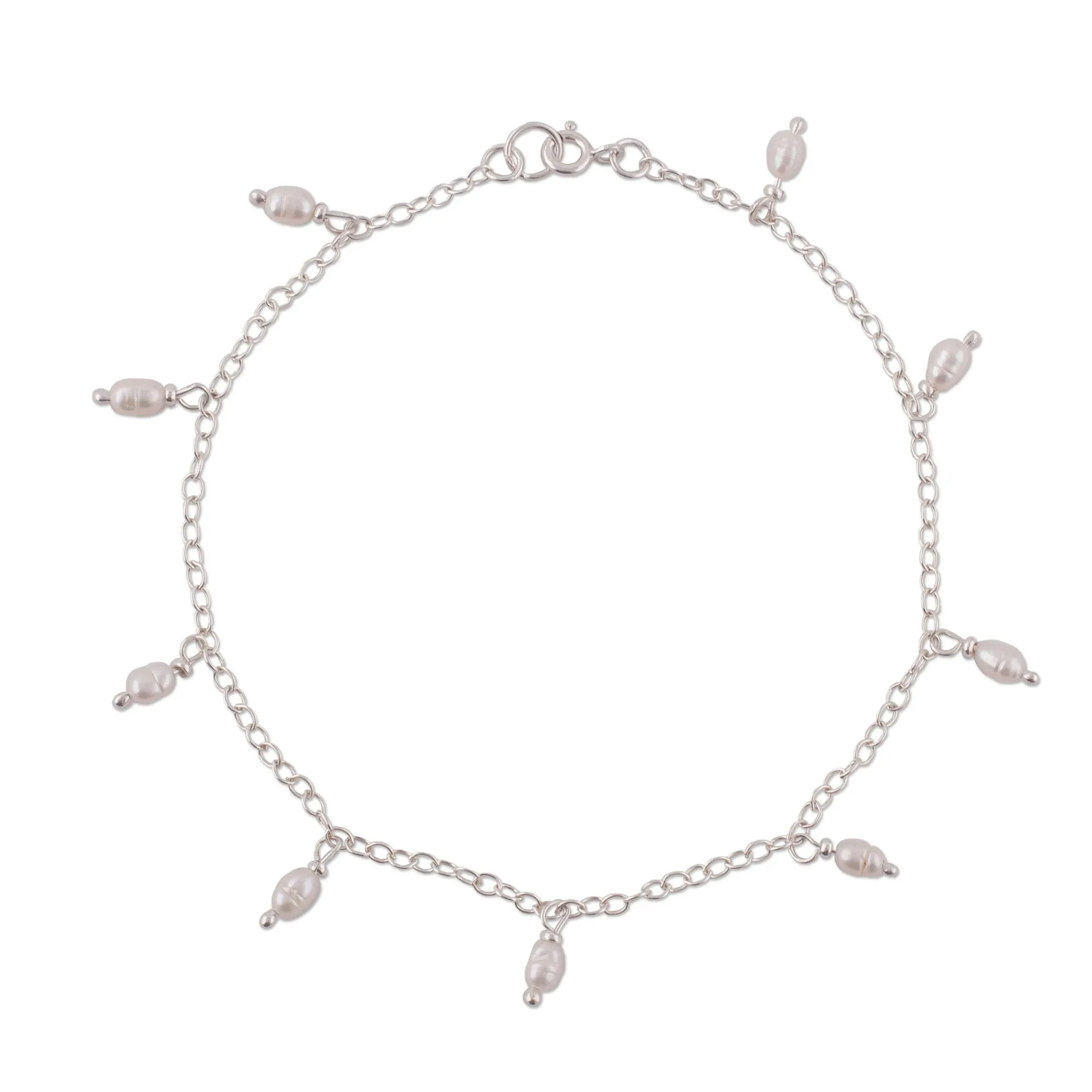 Fresh Walk Dangling Cultured Pearl and Sterling Silver Anklet from Peru