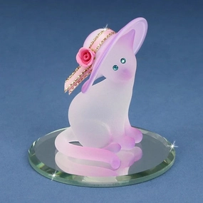 Frosted Pink and White Cat with Hat and Pink Rose Glass Figurine Decorative Mirror,Home Decor Mirror