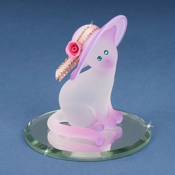 Frosted Pink and White Cat with Hat and Pink Rose Glass Figurine Decorative Mirror,Home Decor Mirror