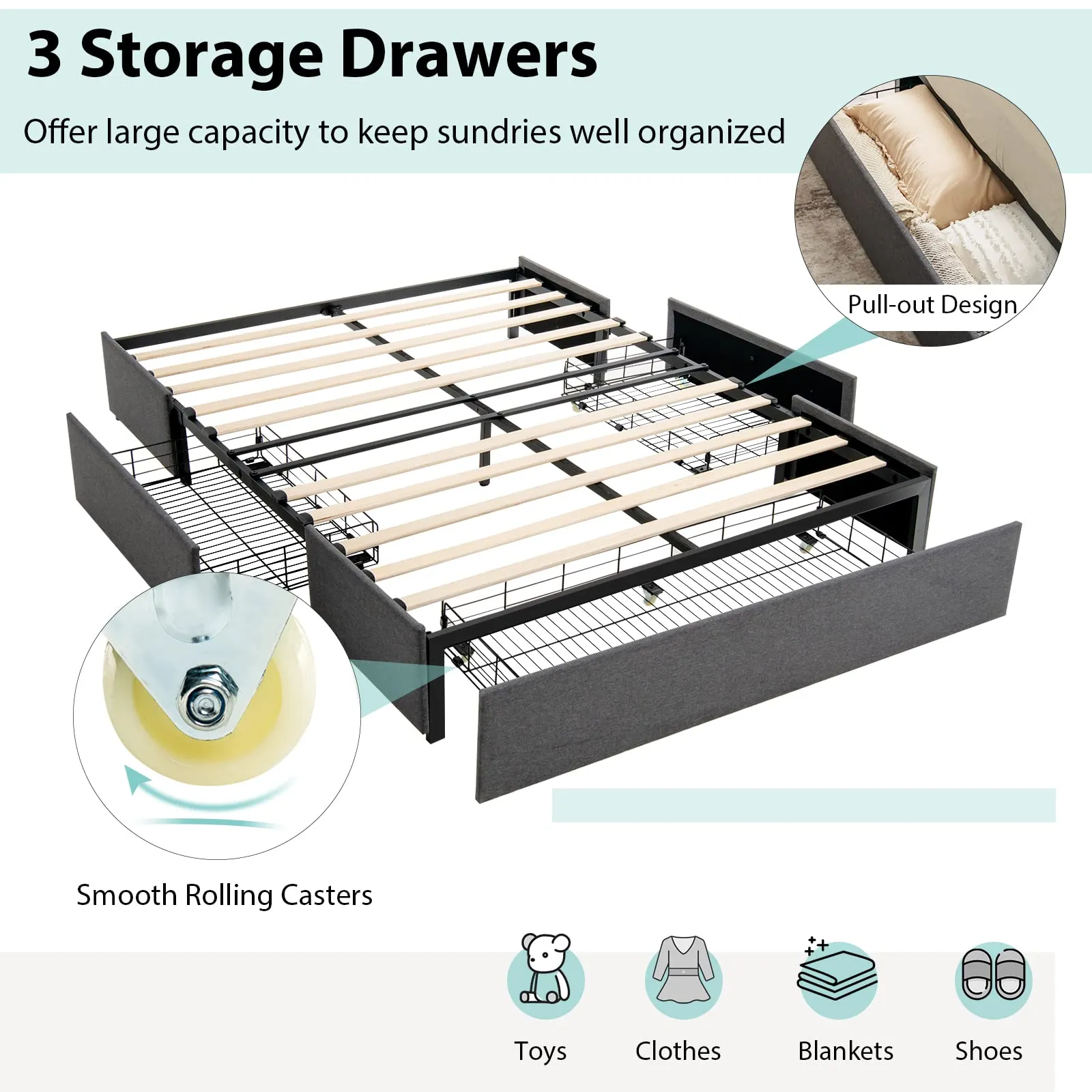 Full Size Platform Bed Frame with 3 Storage Drawers