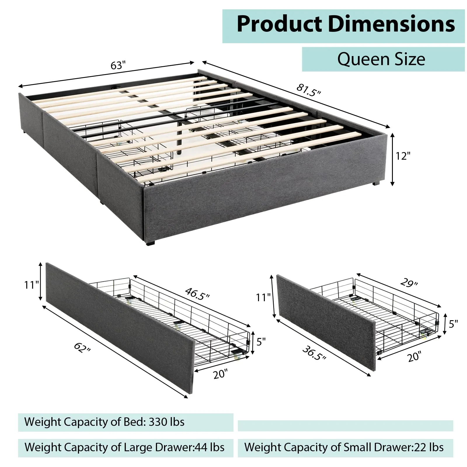Full Size Platform Bed Frame with 3 Storage Drawers