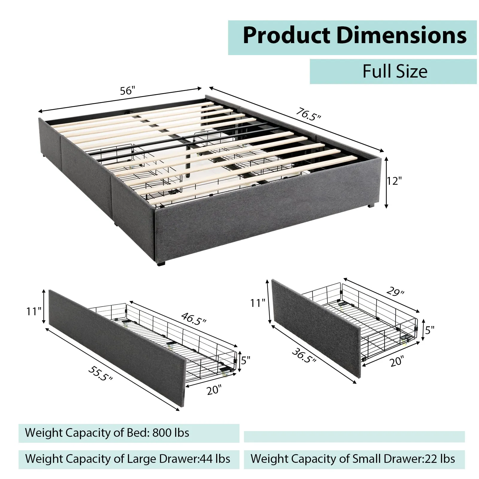 Full Size Platform Bed Frame with 3 Storage Drawers