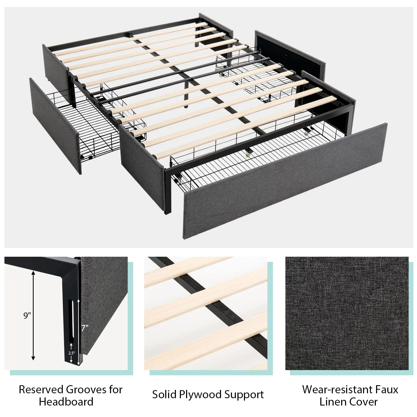 Full Size Platform Bed Frame with 3 Storage Drawers