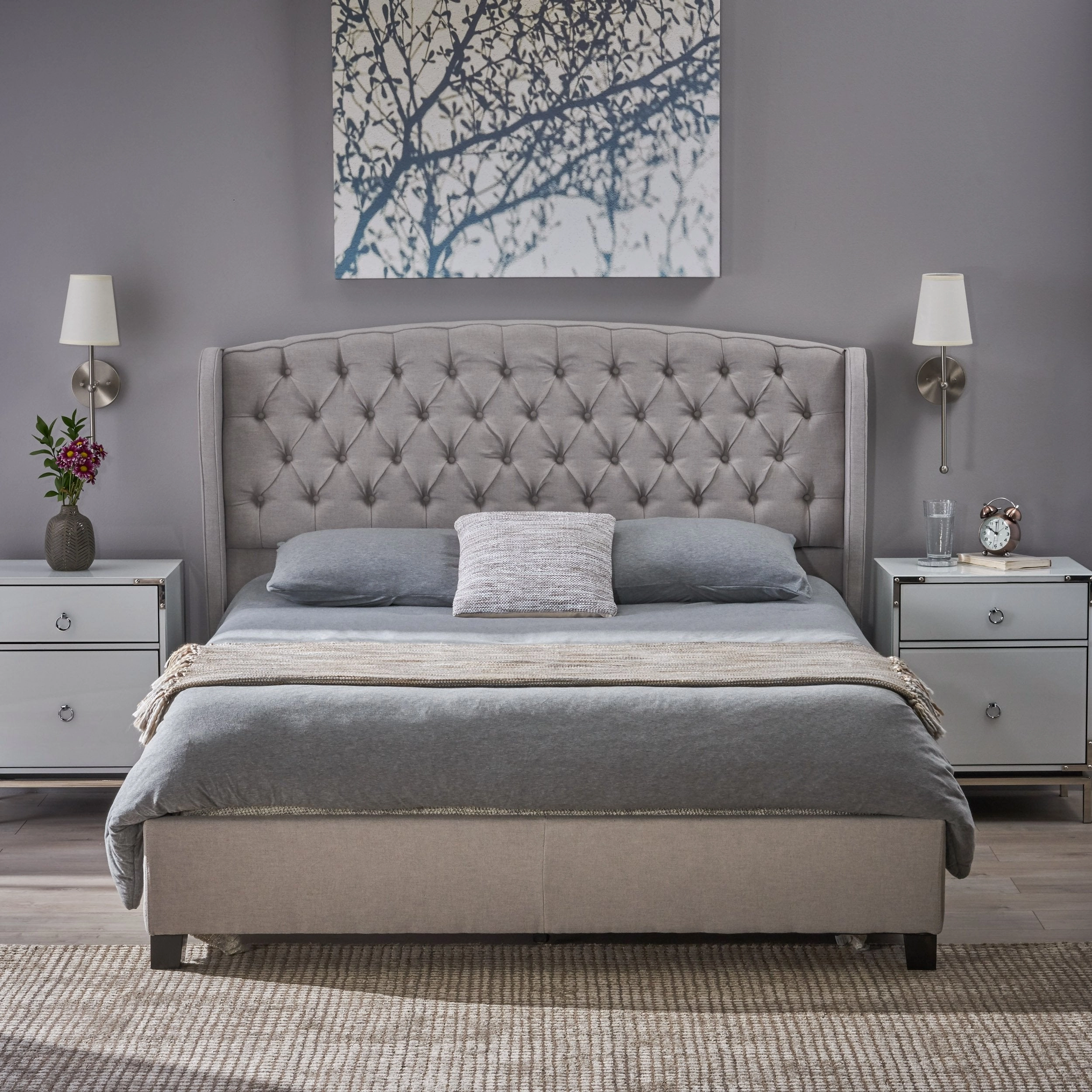 Fully Upholstered Fabric Queen Bed Set - NH462003 throw blanket, decorative pillow