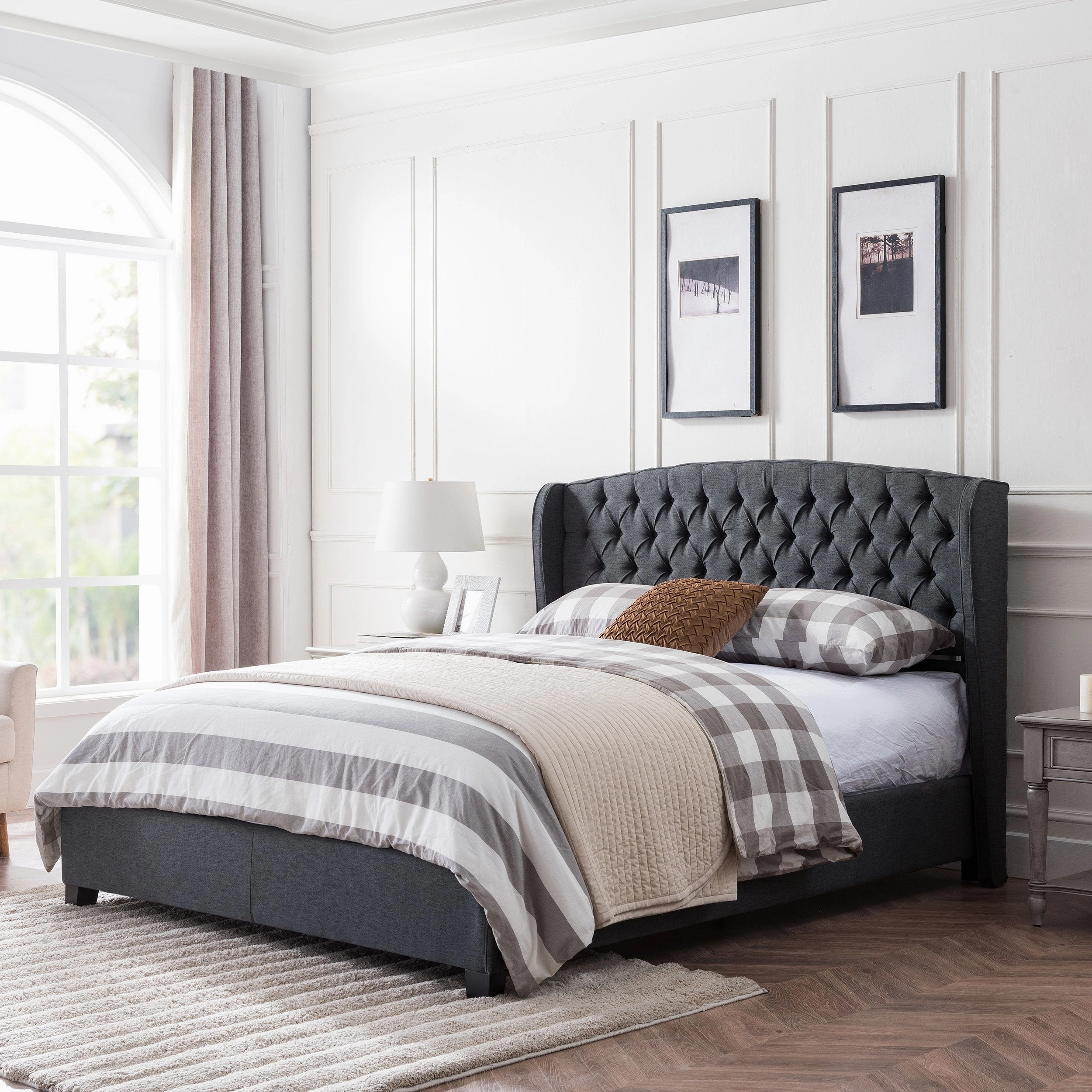 Fully-Upholstered King-Size Platform Bed Frame, Low-Profile, Contemporary - NH316703 throw blanket, decorative pillow