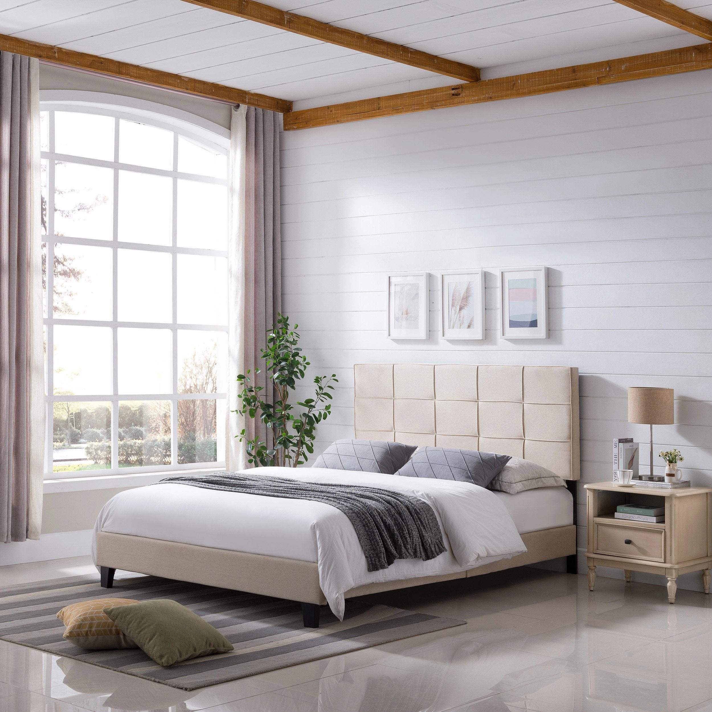 Fully-Upholstered Platform Bed Frame, Low-Profile,  Contemporary - NH885703 throw blanket, decorative pillow