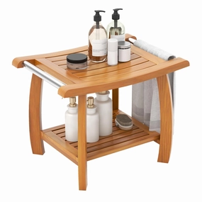 Gaintex Teak Shower Bench with Handles and Storage Shelf, Teak Shower Stool for Shaving Legs, Non-Slip Foot Pads bench seat, tufted bench