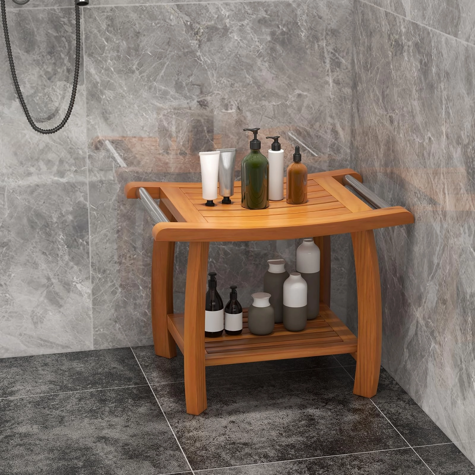 Gaintex Teak Shower Bench with Handles and Storage Shelf, Teak Shower Stool for Shaving Legs, Non-Slip Foot Pads