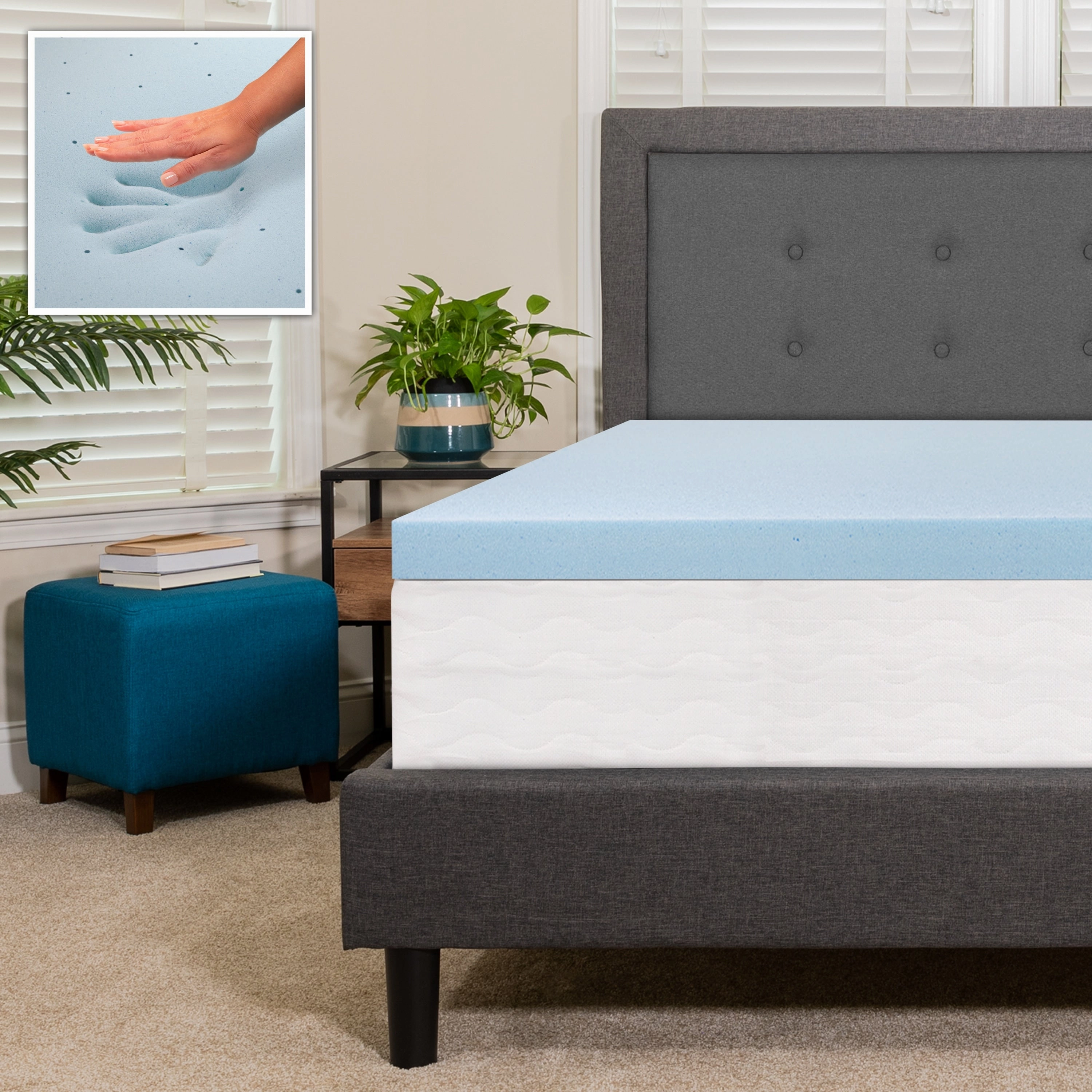 Gel Infused Hypoallergenic Cooling Memory Foam Mattress Topper - Blue