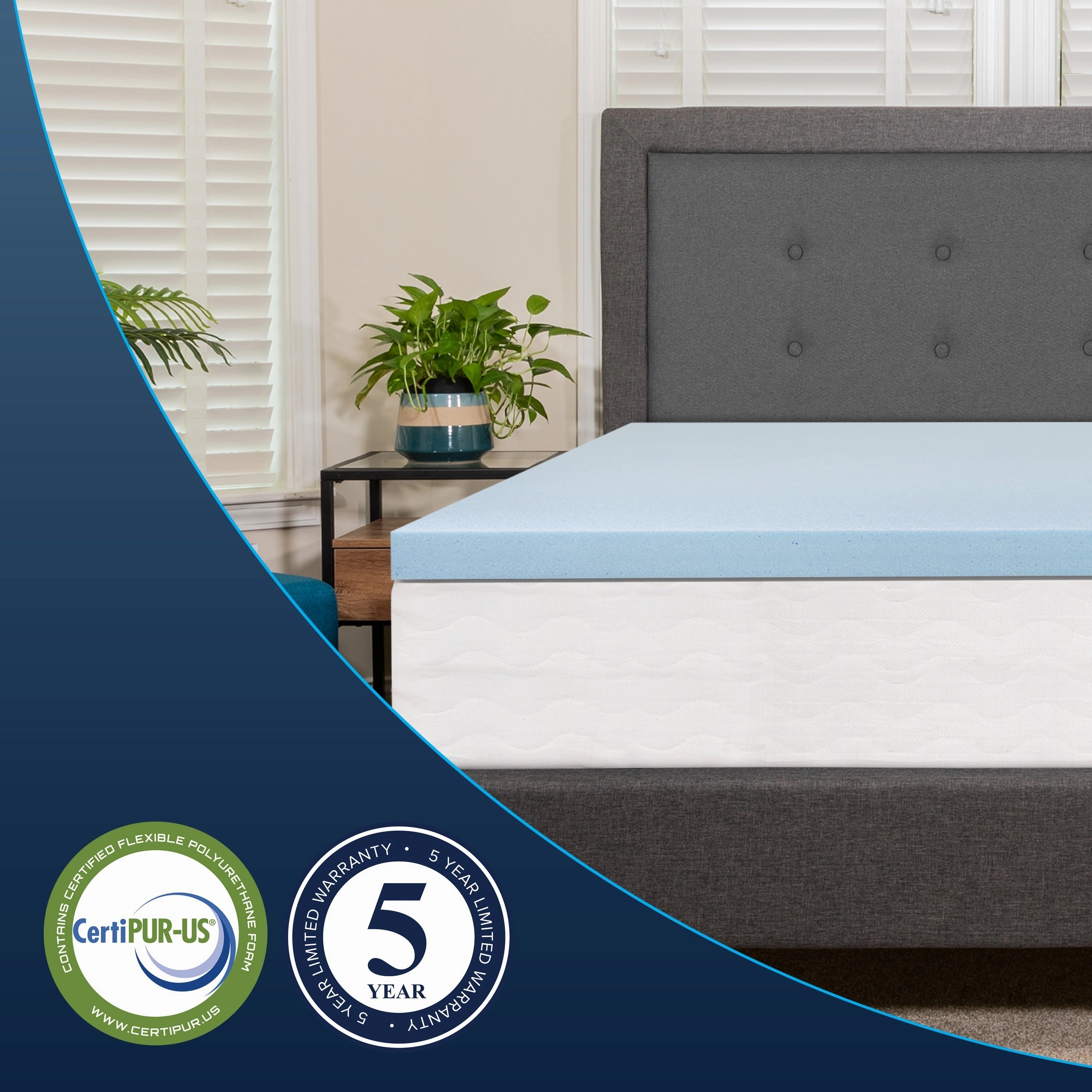 Gel Infused Hypoallergenic Cooling Memory Foam Mattress Topper - Blue