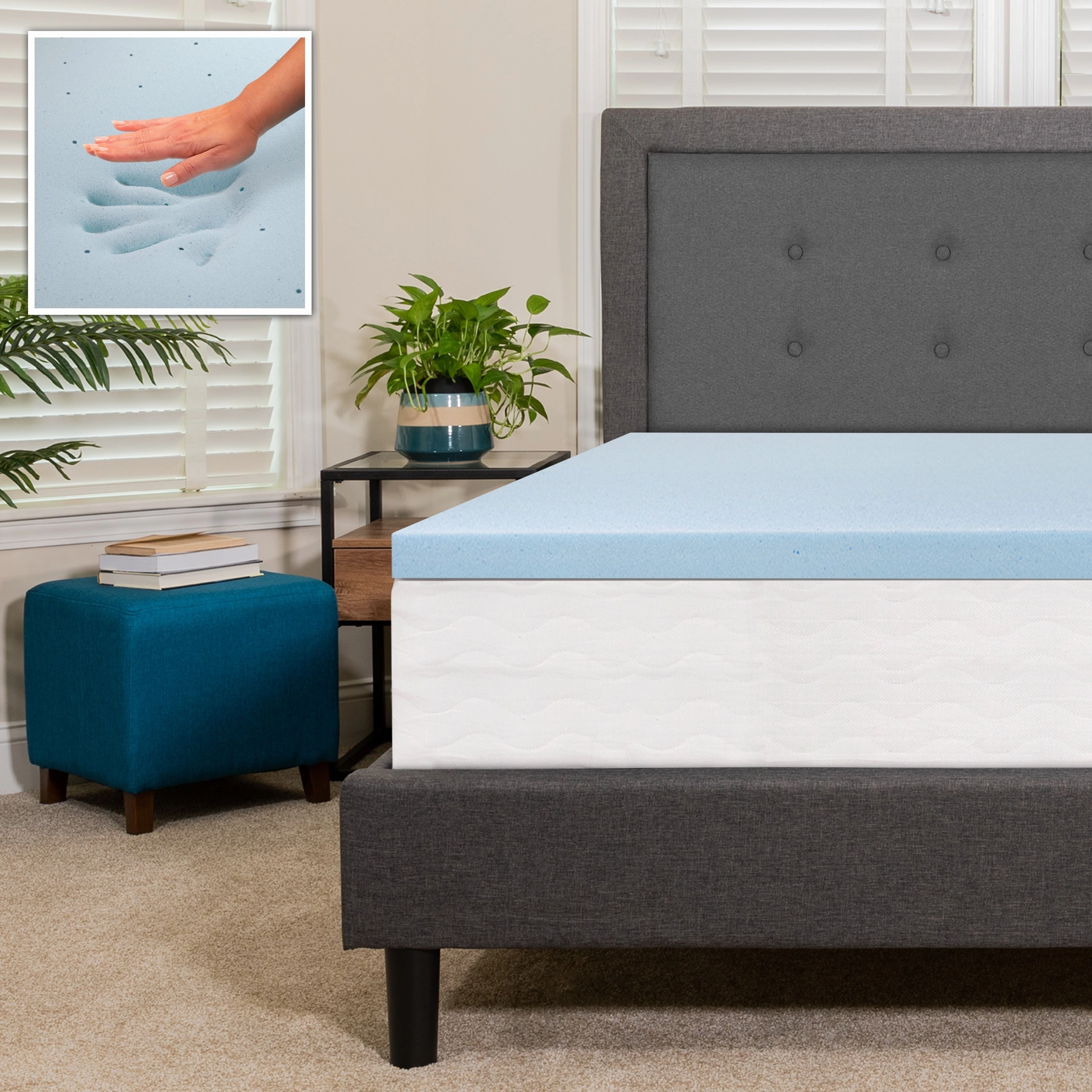 Gel Infused Hypoallergenic Cooling Memory Foam Mattress Topper - Blue