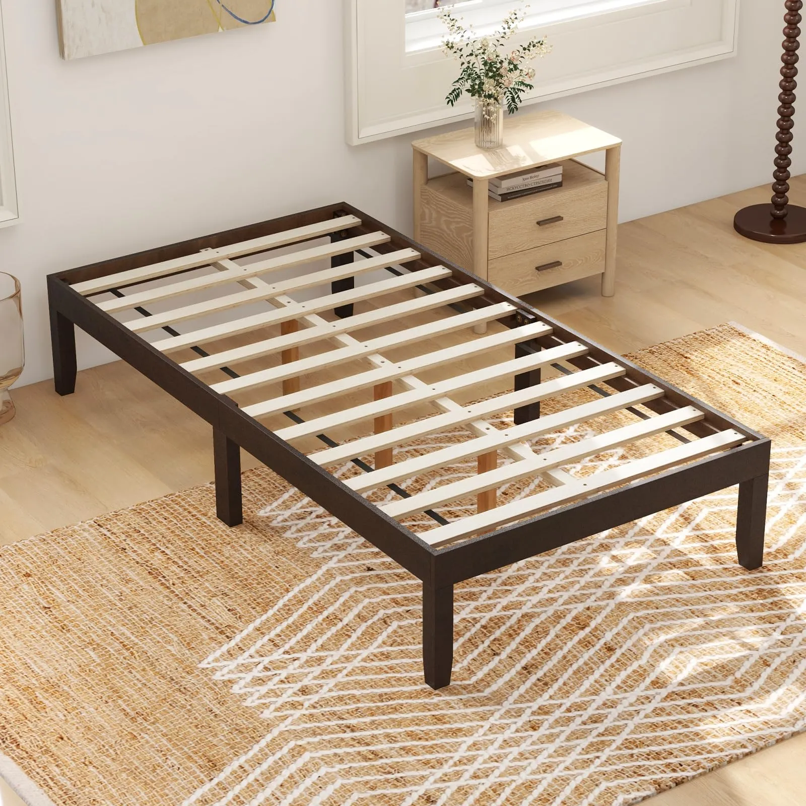 Giantex 14 Inch Twin Wood Platform Bed Frame, Minimalist Twin Bed Frame with Wooden Slats Support & Rubber Wood Legs bed frame, queen bed