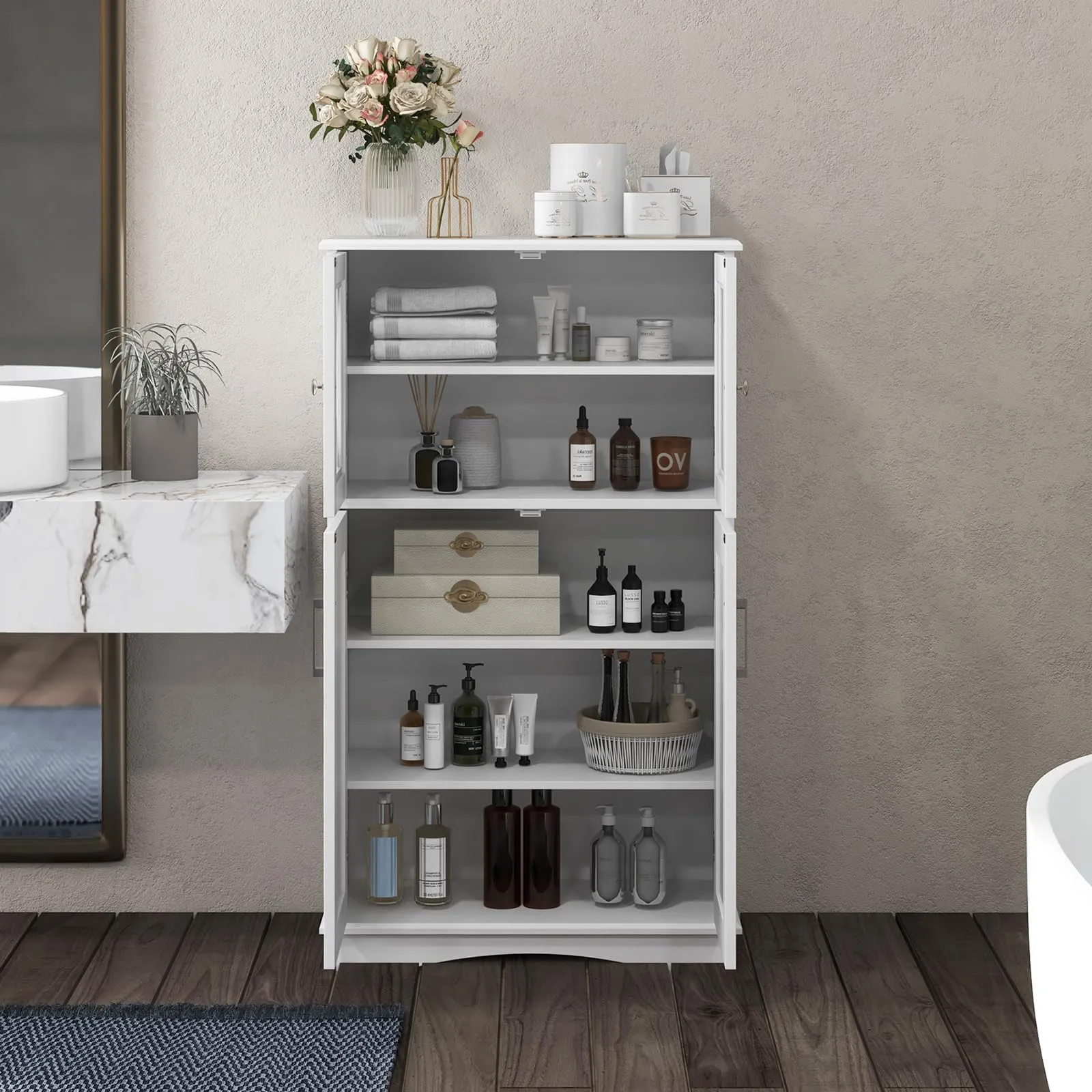 Giantex Bathroom Floor Storage Cabinet - Linen Floor Cabinet with Doors and Adjustable Shelves
