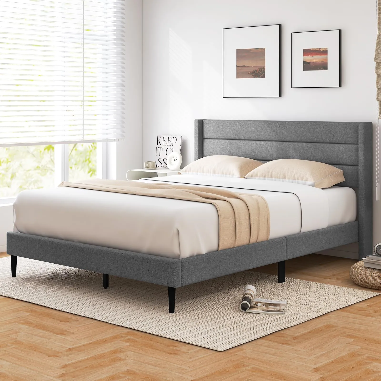 Giantex Bed Frame, Modern Linen Upholstered Platform Bed with Wingback Headboard