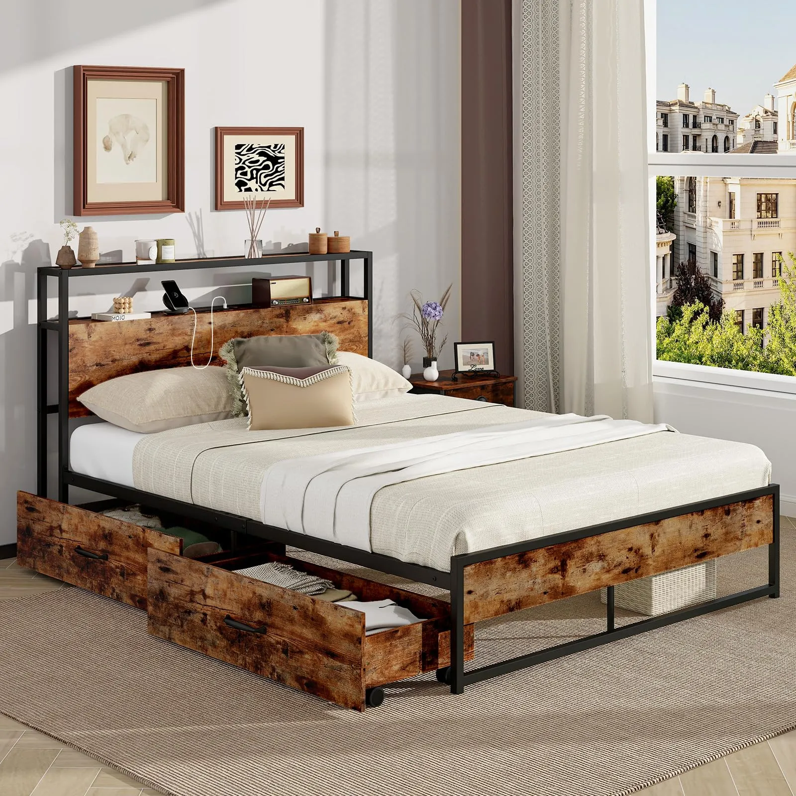 Giantex Bed Frame with 2-Tier Storage Headboard