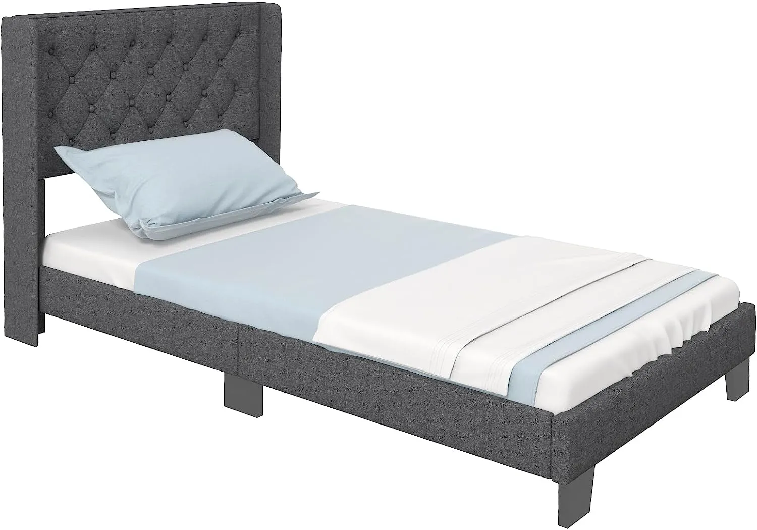 Giantex Bed Frame with Button Tufted Headboard, Modern Fabric Upholstered Platform Bed with Wingback Design, Grey
