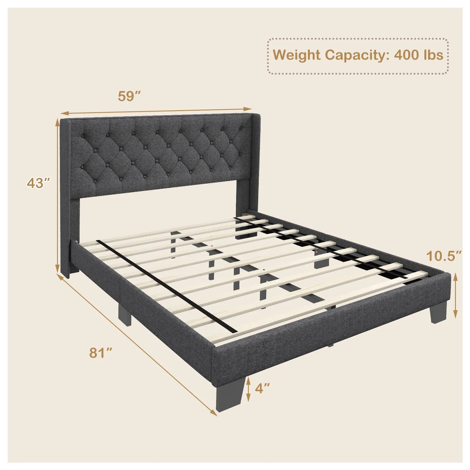 Giantex Bed Frame with Button Tufted Headboard, Modern Fabric Upholstered Platform Bed with Wingback Design, Grey