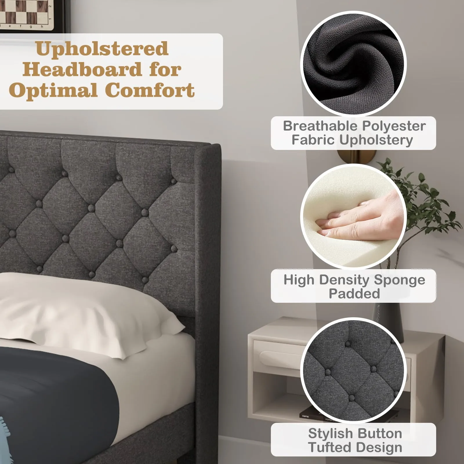 Giantex Bed Frame with Button Tufted Headboard, Modern Fabric Upholstered Platform Bed with Wingback Design, Grey