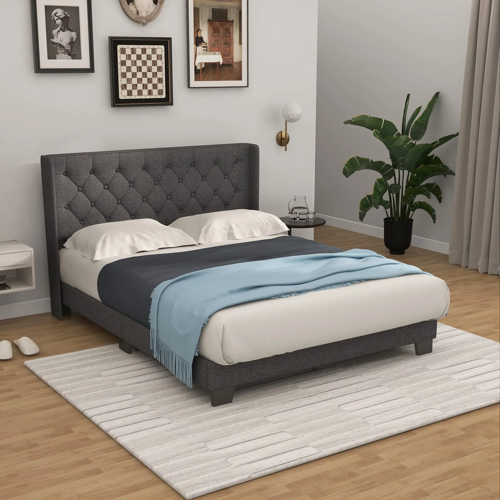 Giantex Bed Frame with Button Tufted Headboard, Modern Fabric Upholstered Platform Bed with Wingback Design, Grey
