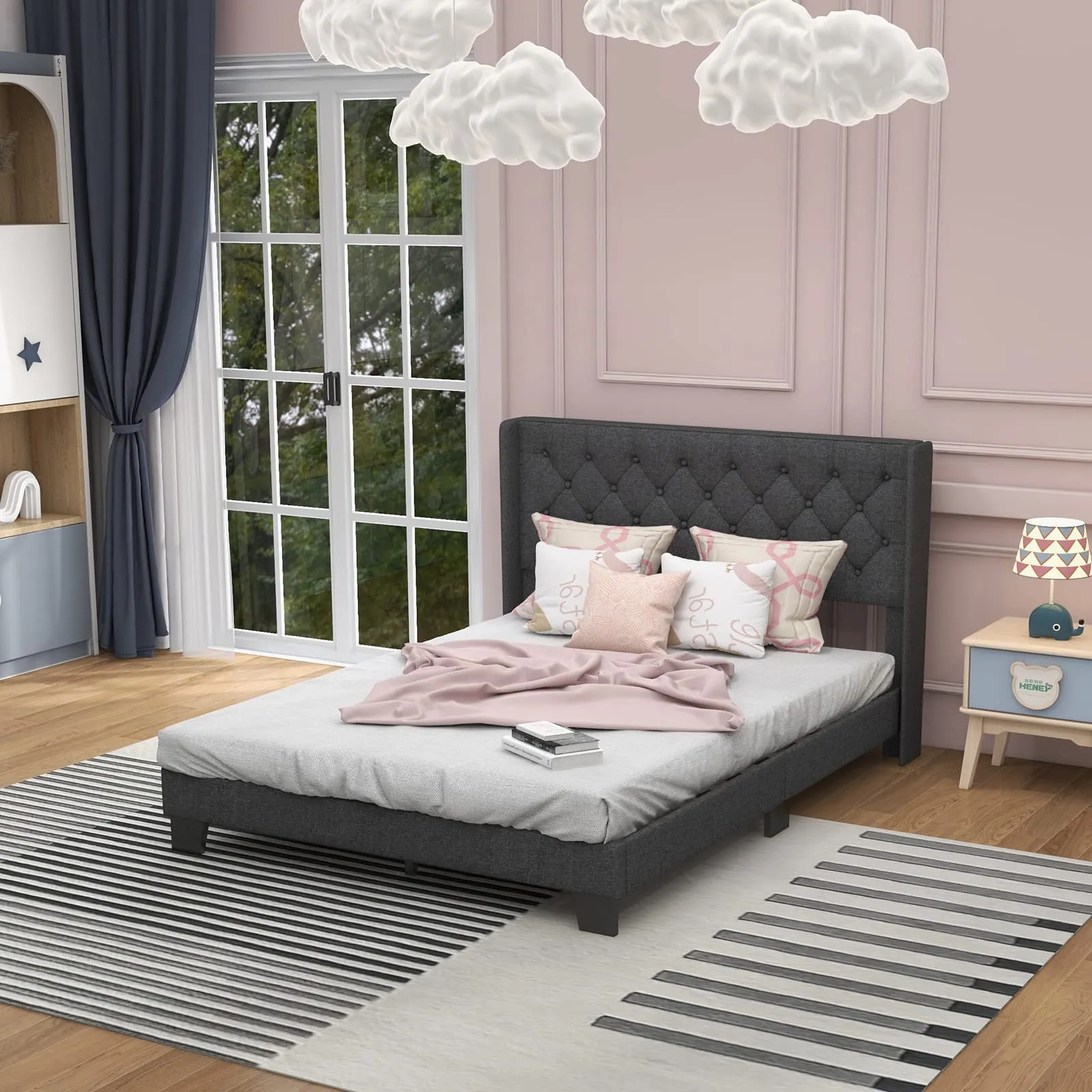 Giantex Bed Frame with Button Tufted Headboard, Modern Fabric Upholstered Platform Bed with Wingback Design, Grey