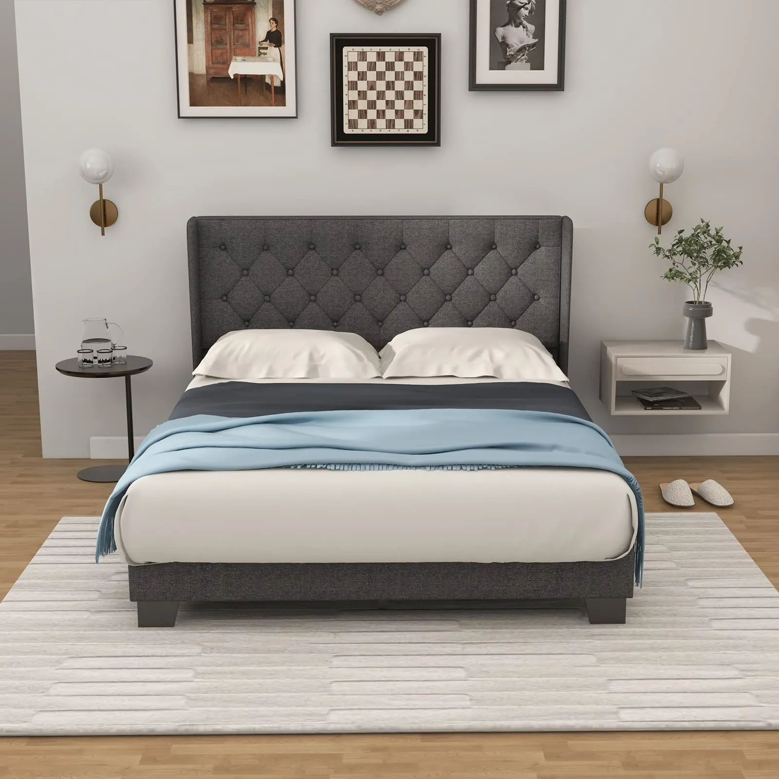 Giantex Bed Frame with Button Tufted Headboard, Modern Fabric Upholstered Platform Bed with Wingback Design, Grey