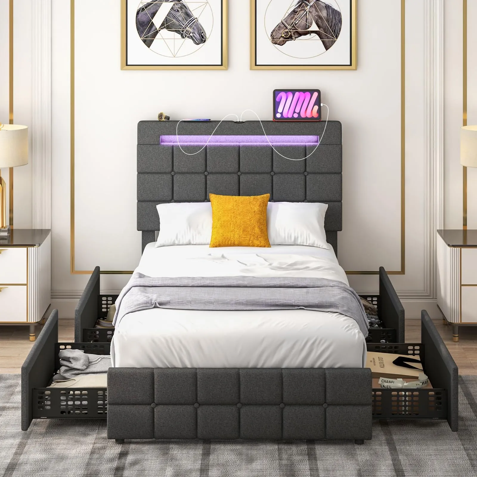 Giantex Bed Frame with LED Lights and 4 Drawers