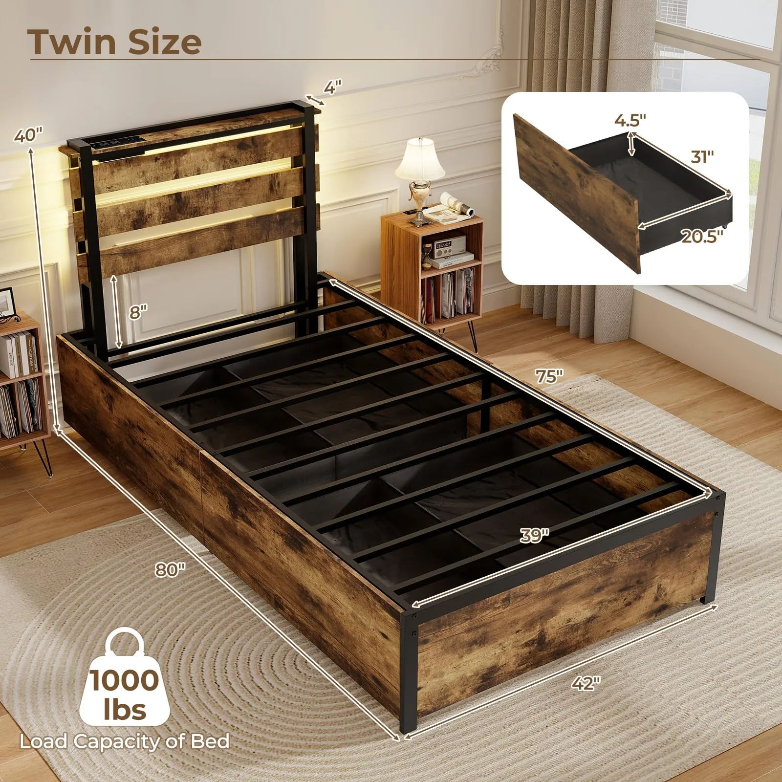 Giantex Bed Frame with LED Lights Headboard and 4 Storage Drawers