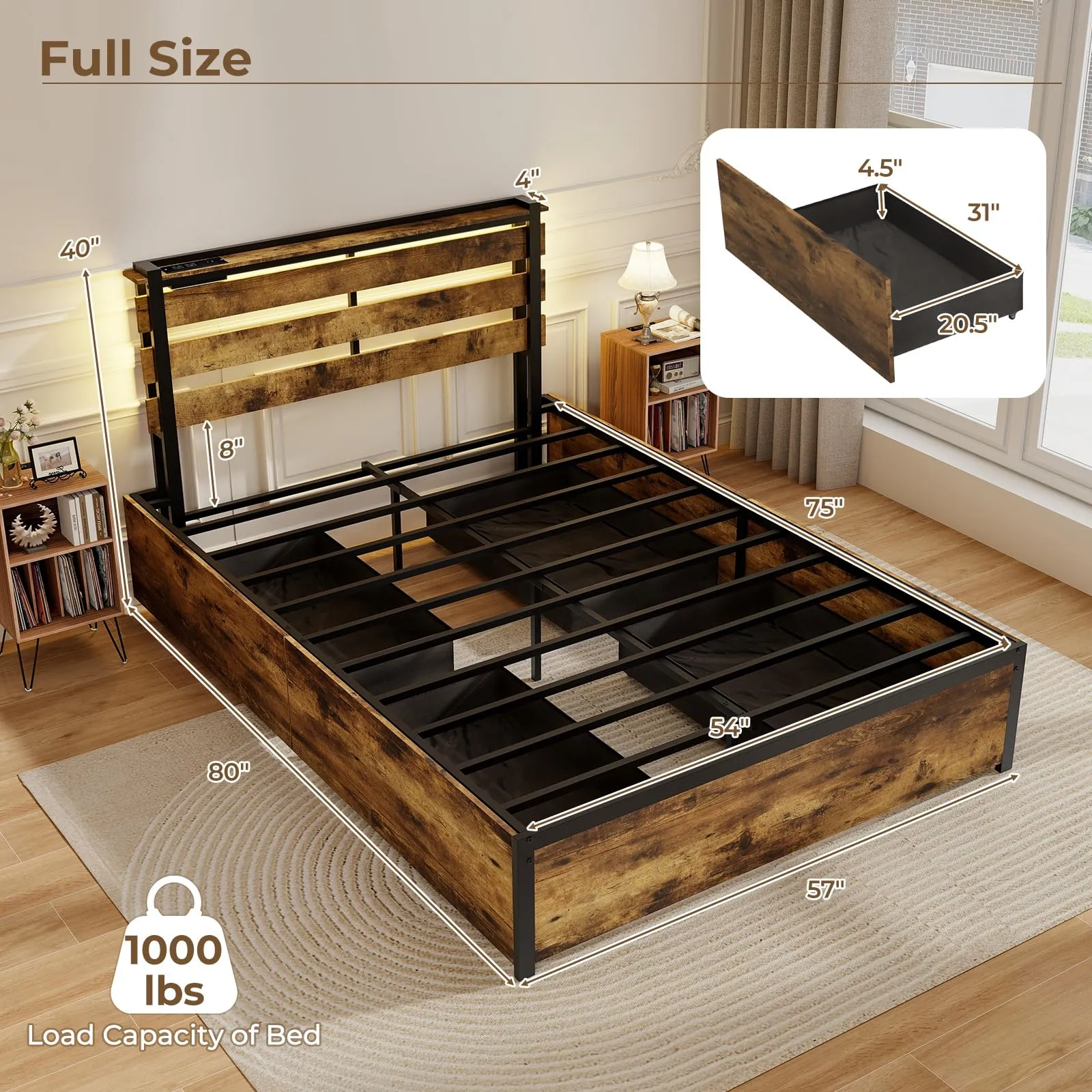 Giantex Bed Frame with LED Lights Headboard and 4 Storage Drawers