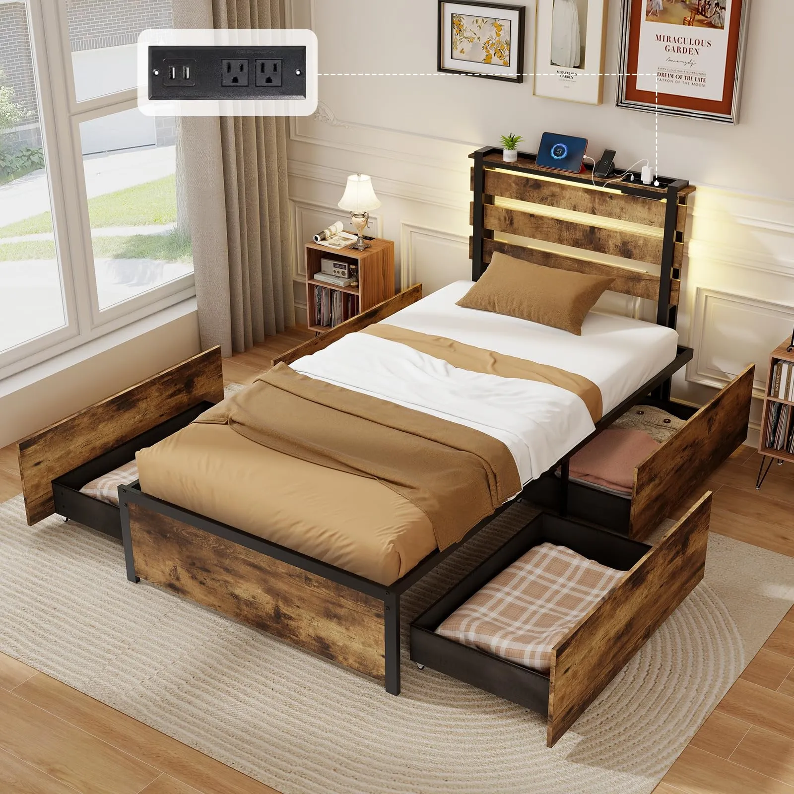 Giantex Bed Frame with LED Lights Headboard and 4 Storage Drawers