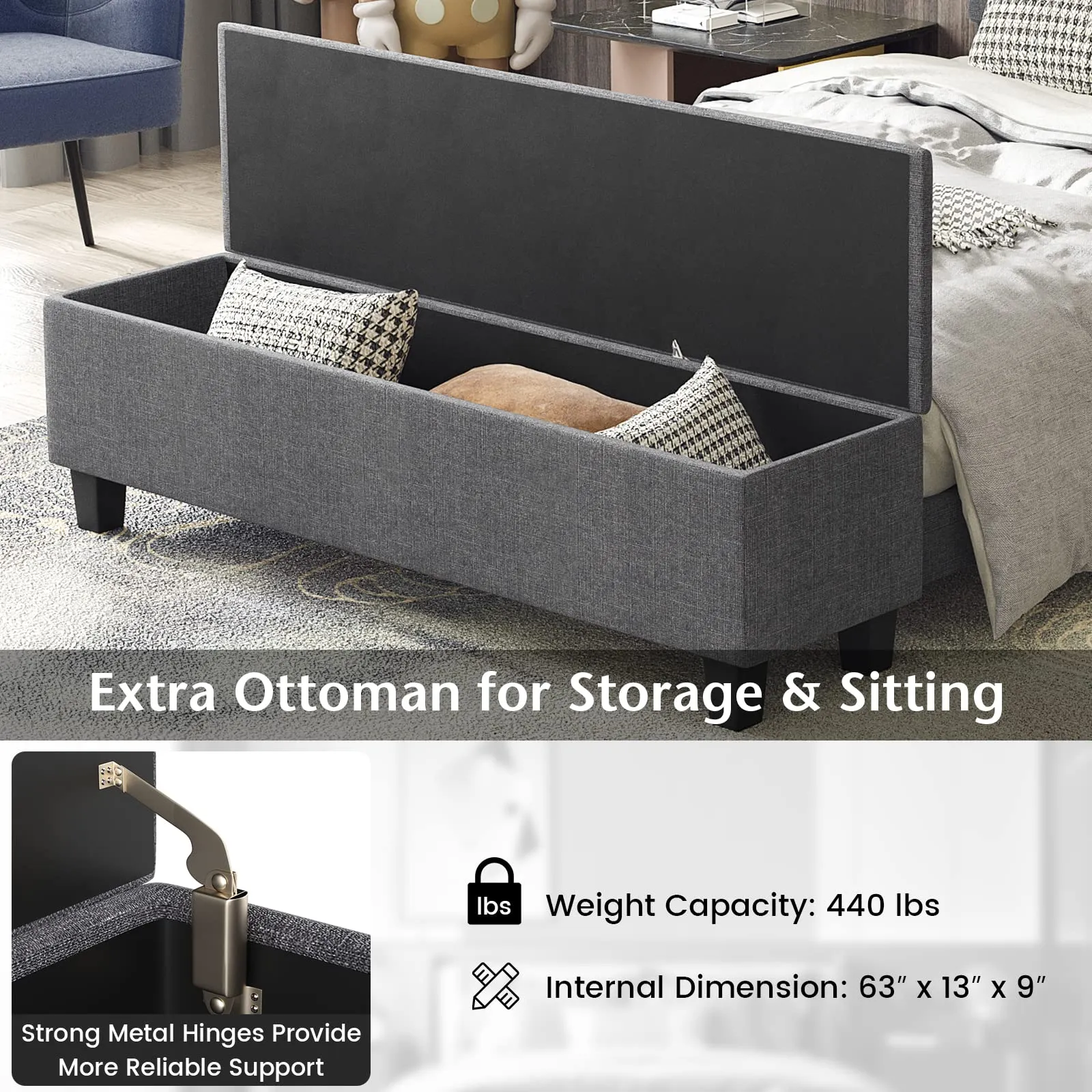 Giantex Bed Frame with Ottoman Storage, Linen Upholstered Platform Bed Frame with Button Tufted Headboard