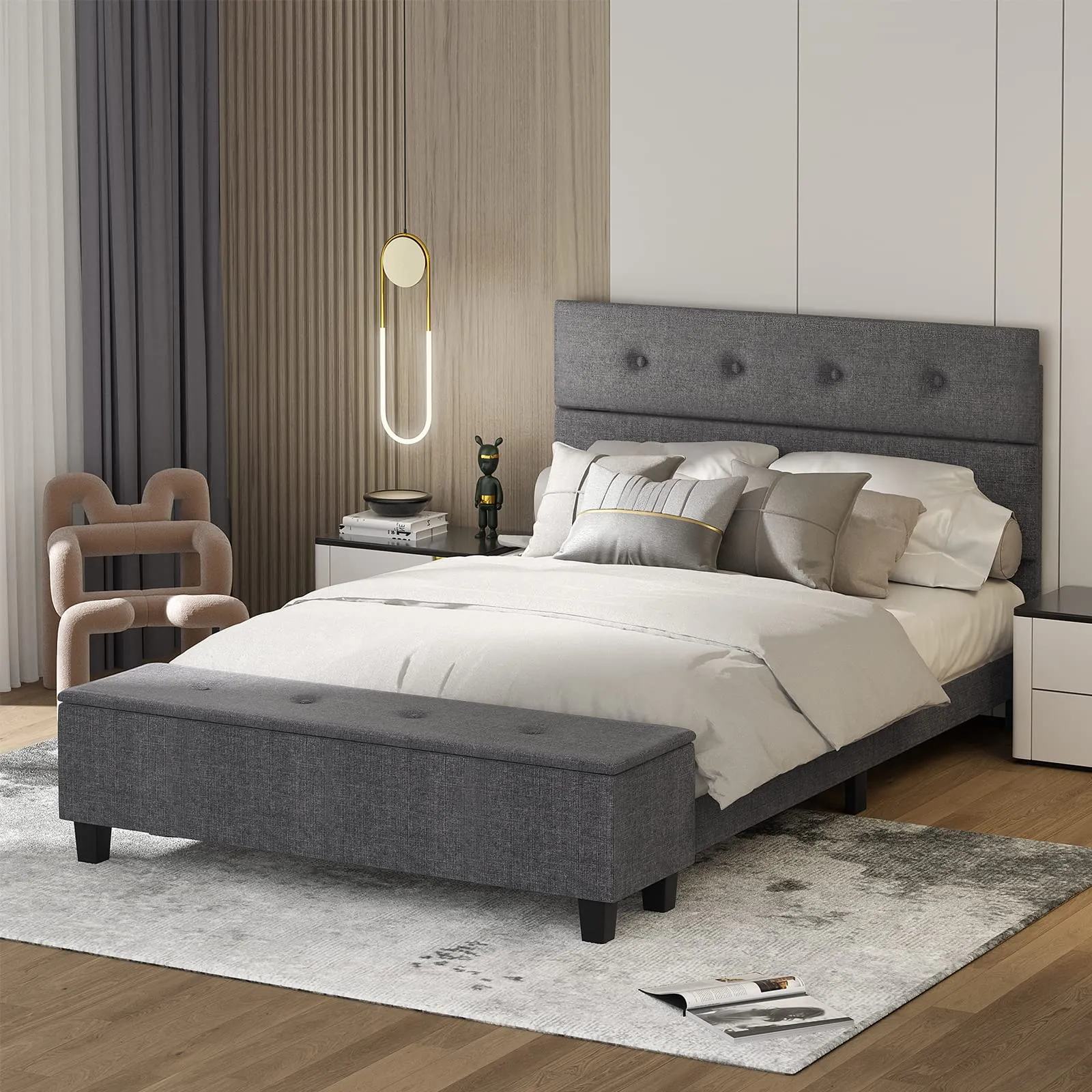 Giantex Bed Frame with Ottoman Storage, Linen Upholstered Platform Bed Frame with Button Tufted Headboard