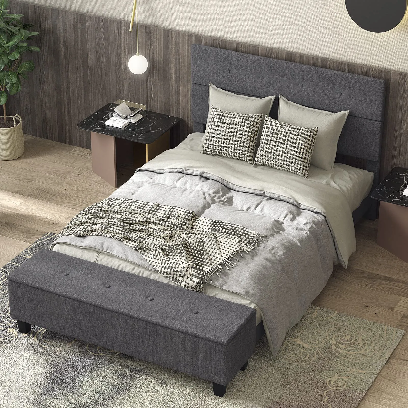 Giantex Bed Frame with Ottoman Storage, Linen Upholstered Platform Bed Frame with Button Tufted Headboard