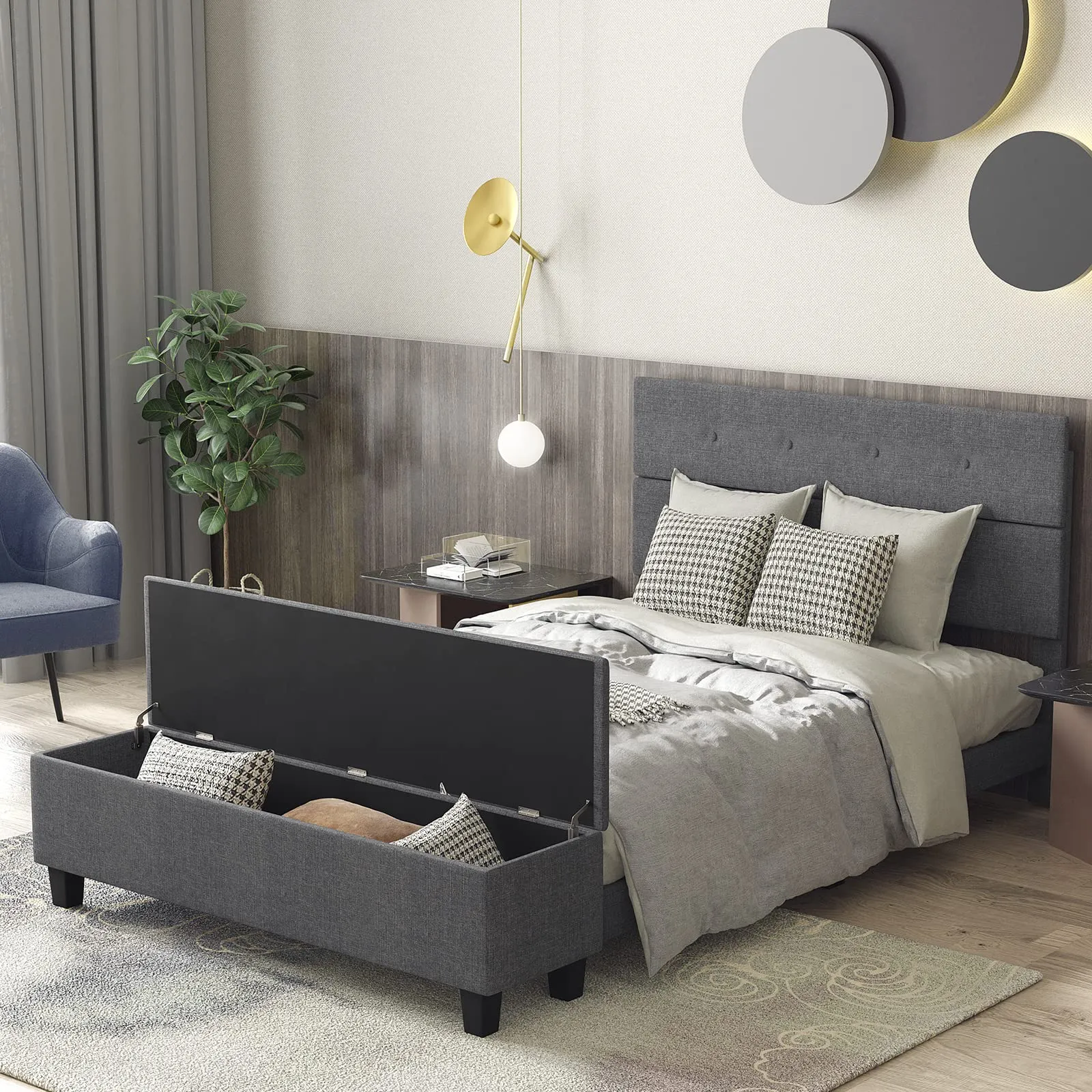 Giantex Bed Frame with Ottoman Storage, Linen Upholstered Platform Bed Frame with Button Tufted Headboard