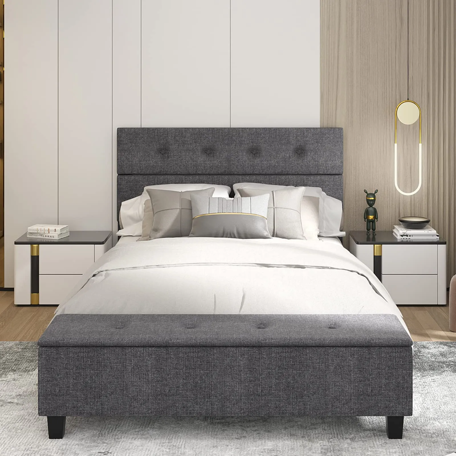 Giantex Bed Frame with Ottoman Storage, Linen Upholstered Platform Bed Frame with Button Tufted Headboard