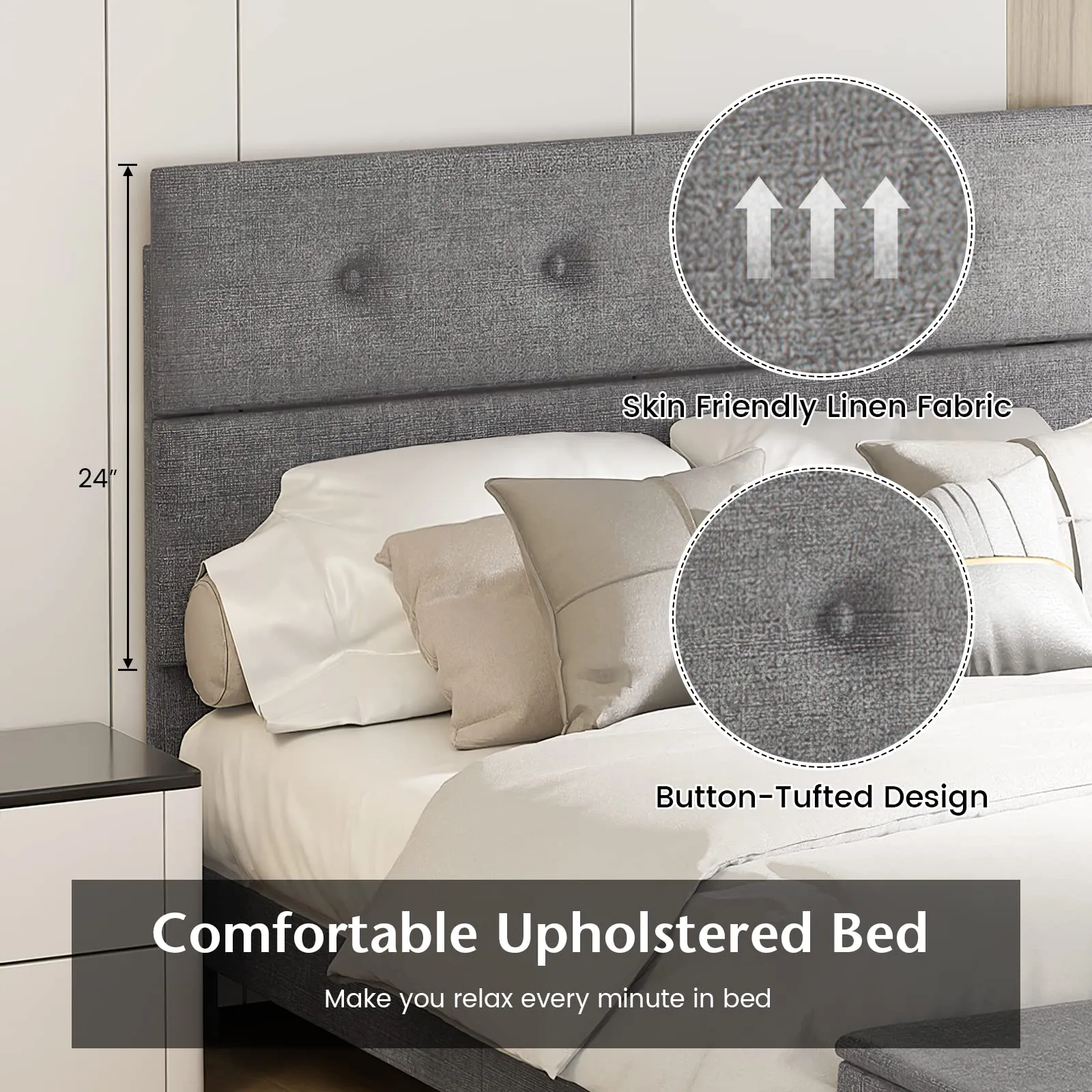 Giantex Bed Frame with Ottoman Storage, Linen Upholstered Platform Bed Frame with Button Tufted Headboard