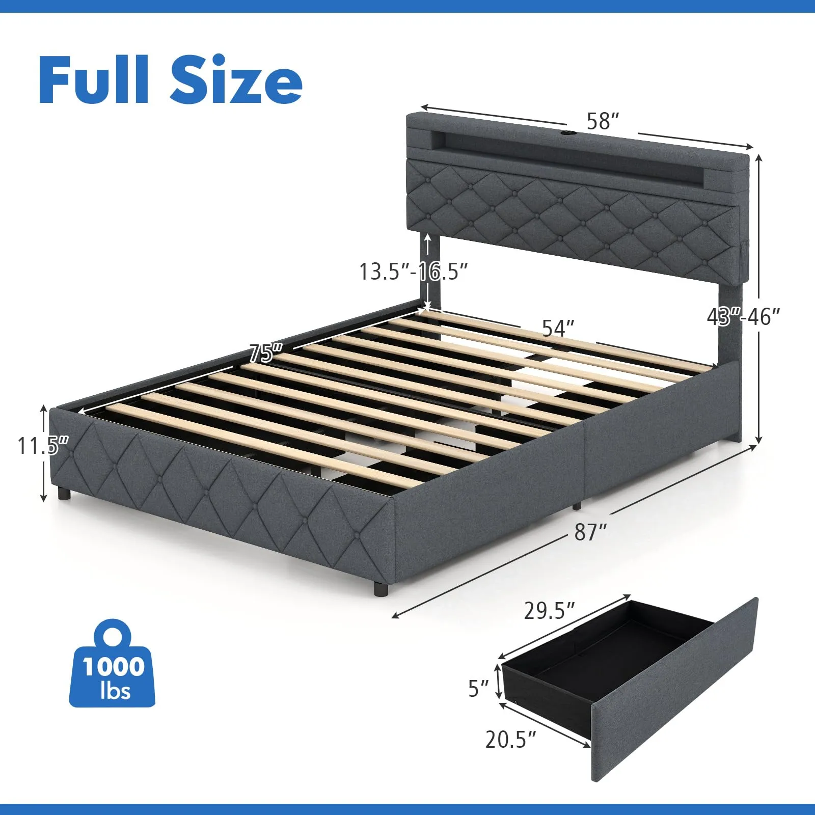 Giantex Bed Frame with Storage Headboard and 4 Drawers, Modern Upholstered Platform Bed with Charging Station