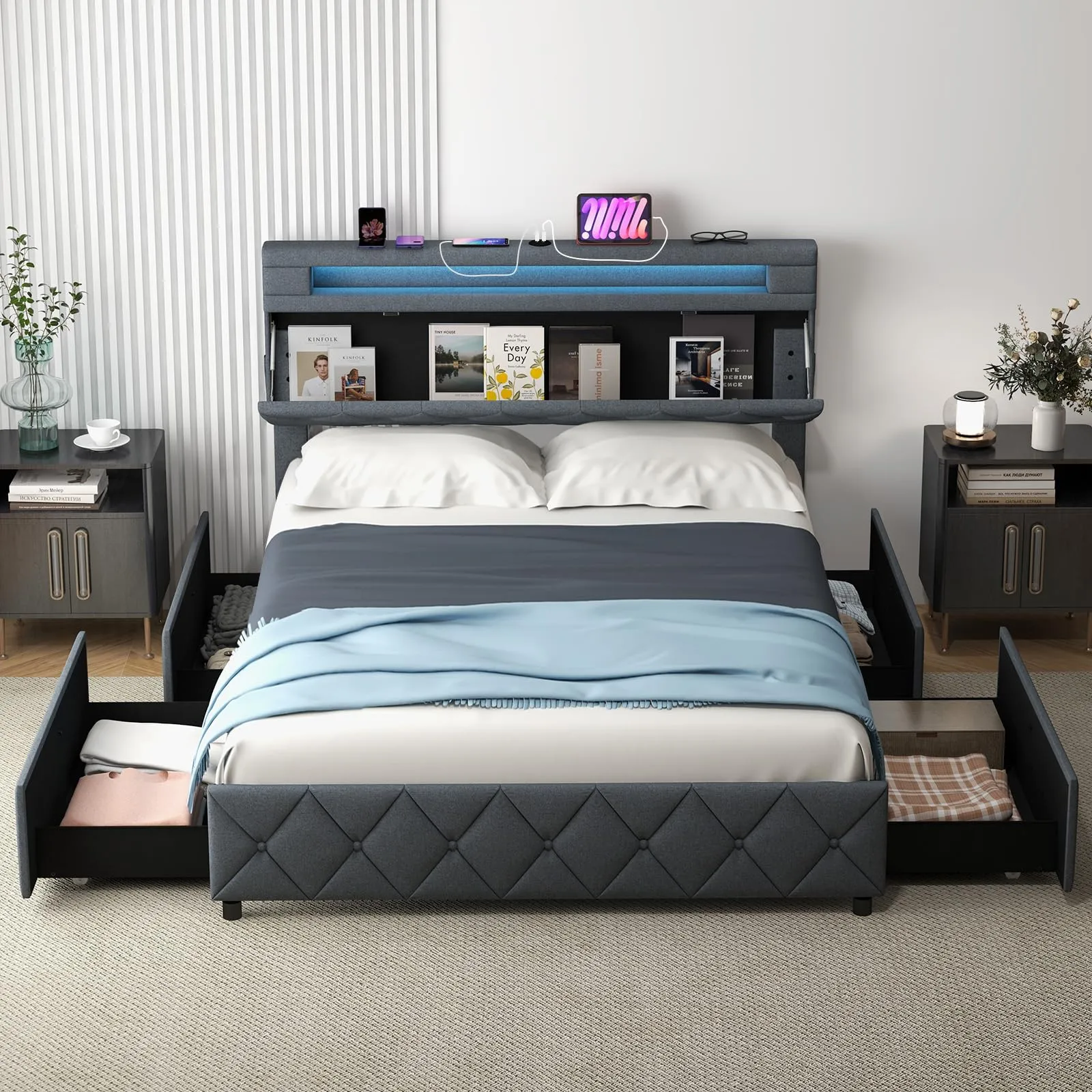 Giantex Bed Frame with Storage Headboard and 4 Drawers, Modern Upholstered Platform Bed with Charging Station bed frame, queen bed