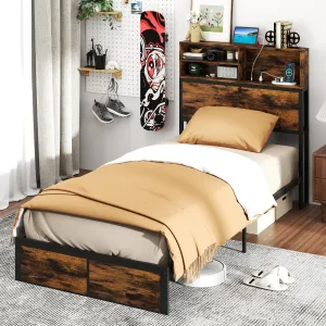 Giantex Bed Frame with Storage Headboard and Charging Station, Industrial Metal Platform Bed bed frame, queen bed