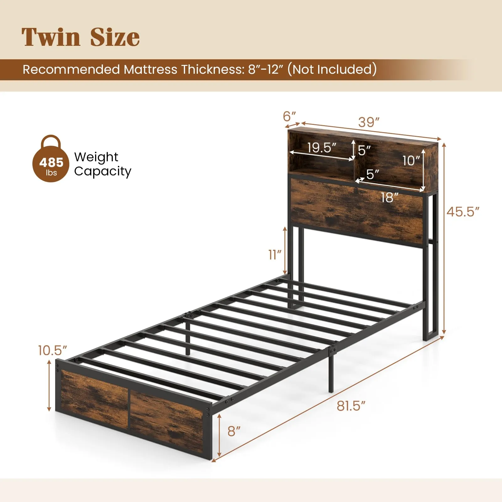 Giantex Bed Frame with Storage Headboard and Charging Station, Industrial Metal Platform Bed