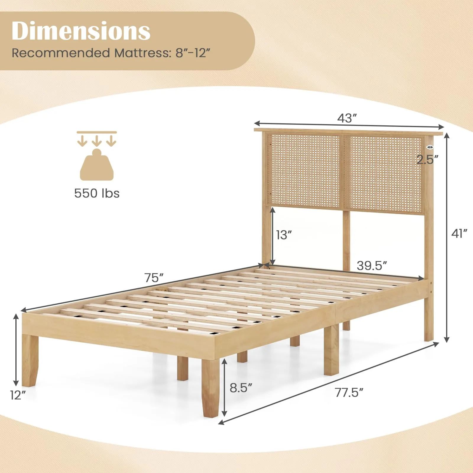 Giantex Bed Frames with Rattan Headboard, Boho Solid Wood Platform Bed with Wooden Slats