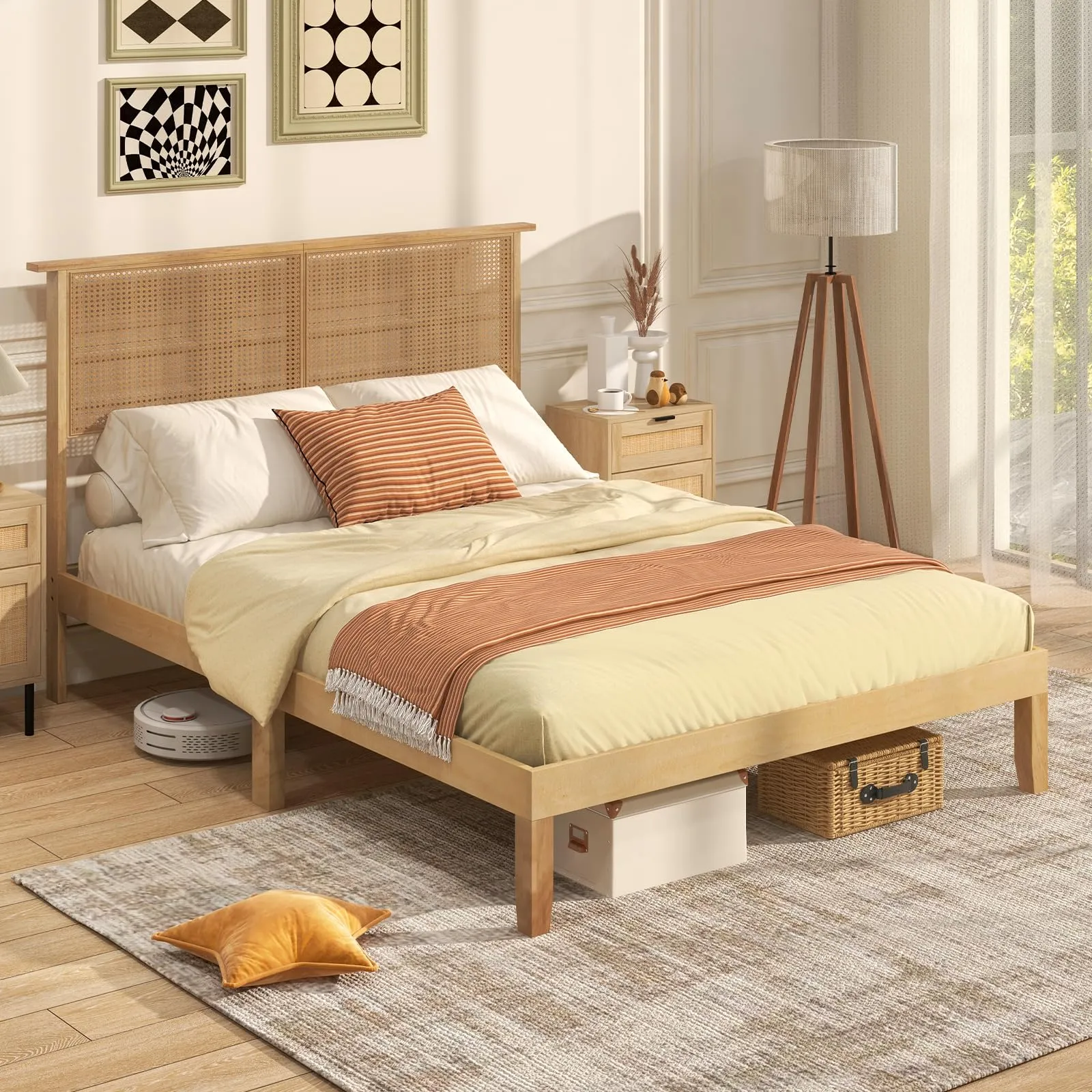 Giantex Bed Frames with Rattan Headboard, Boho Solid Wood Platform Bed with Wooden Slats
