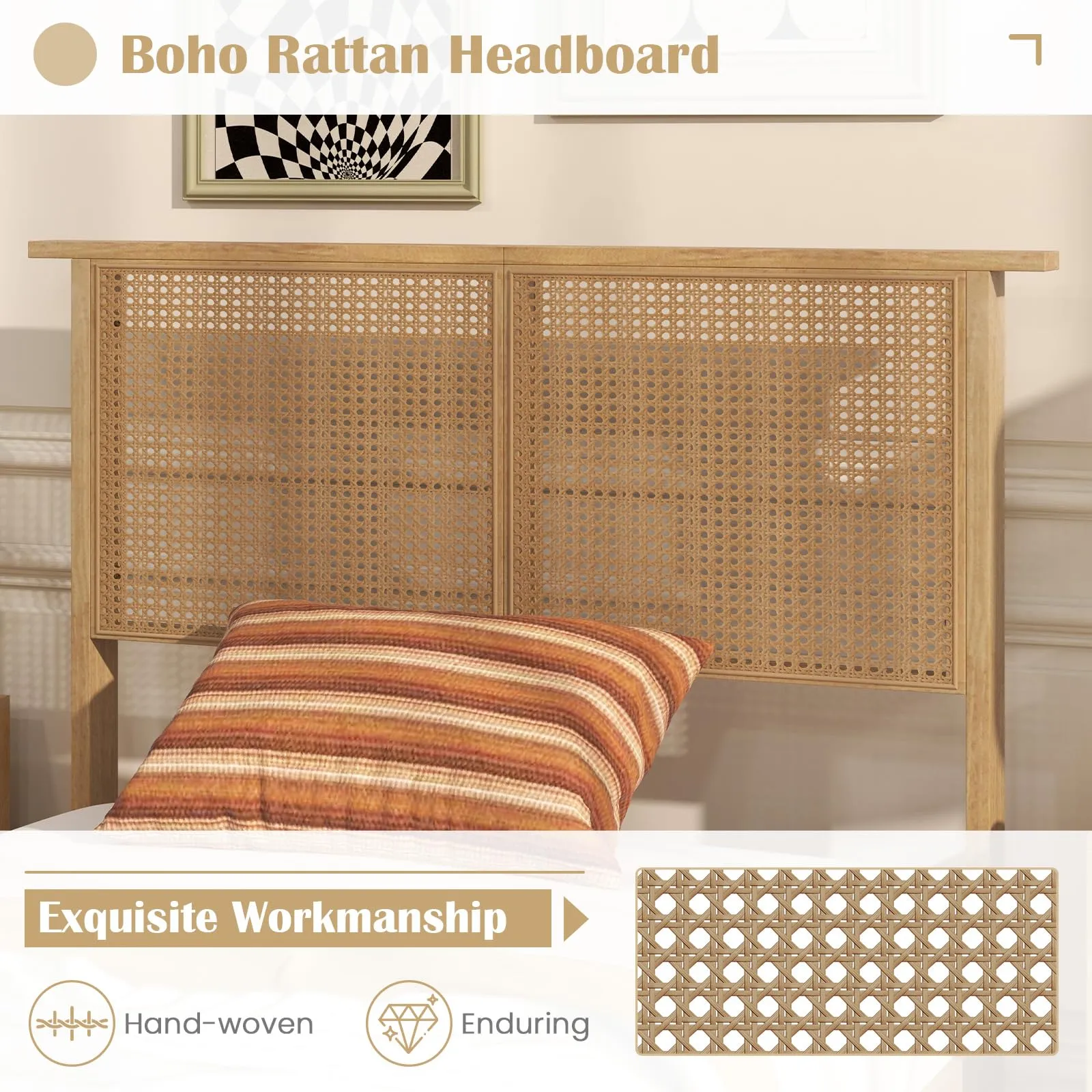 Giantex Bed Frames with Rattan Headboard, Boho Solid Wood Platform Bed with Wooden Slats