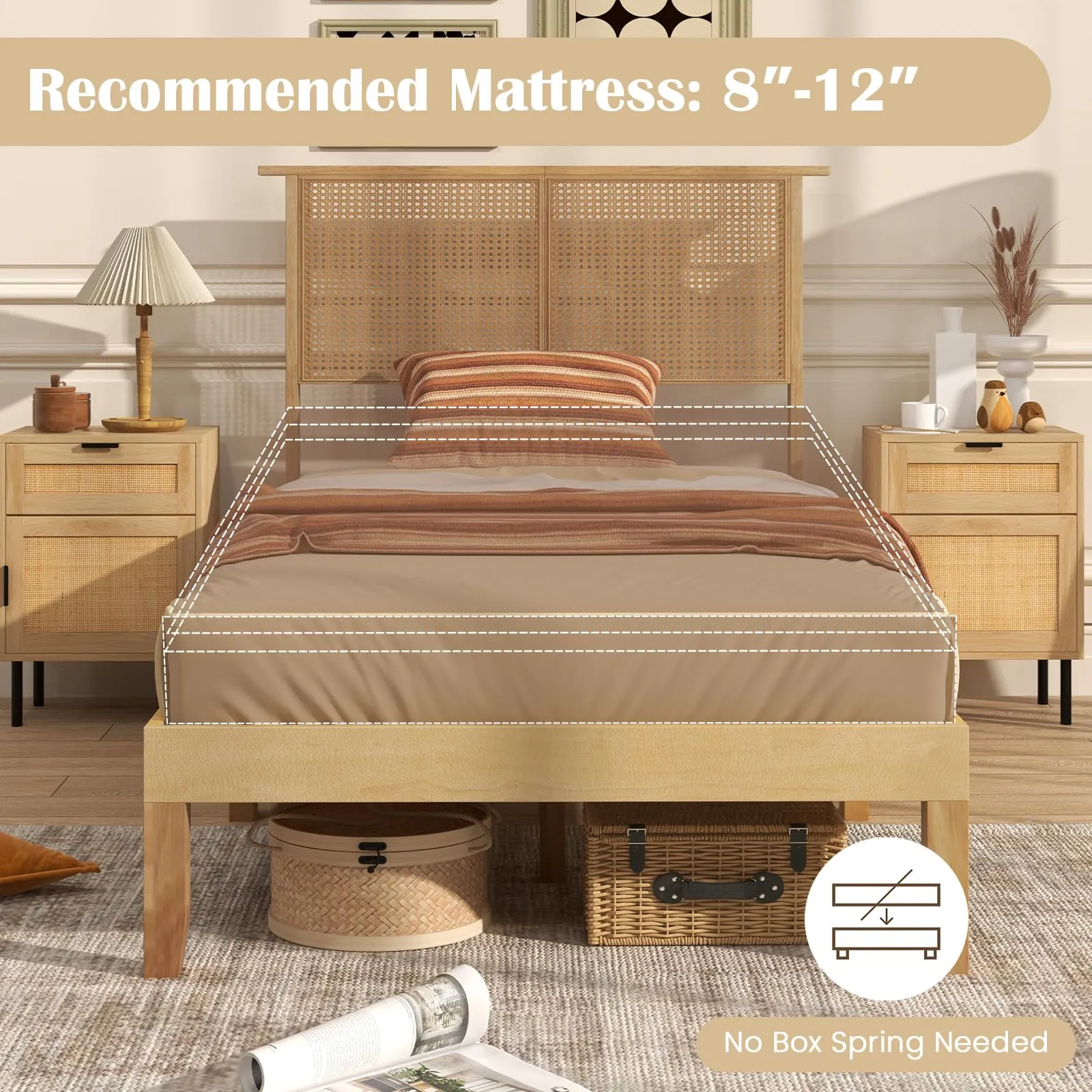 Giantex Bed Frames with Rattan Headboard, Boho Solid Wood Platform Bed with Wooden Slats