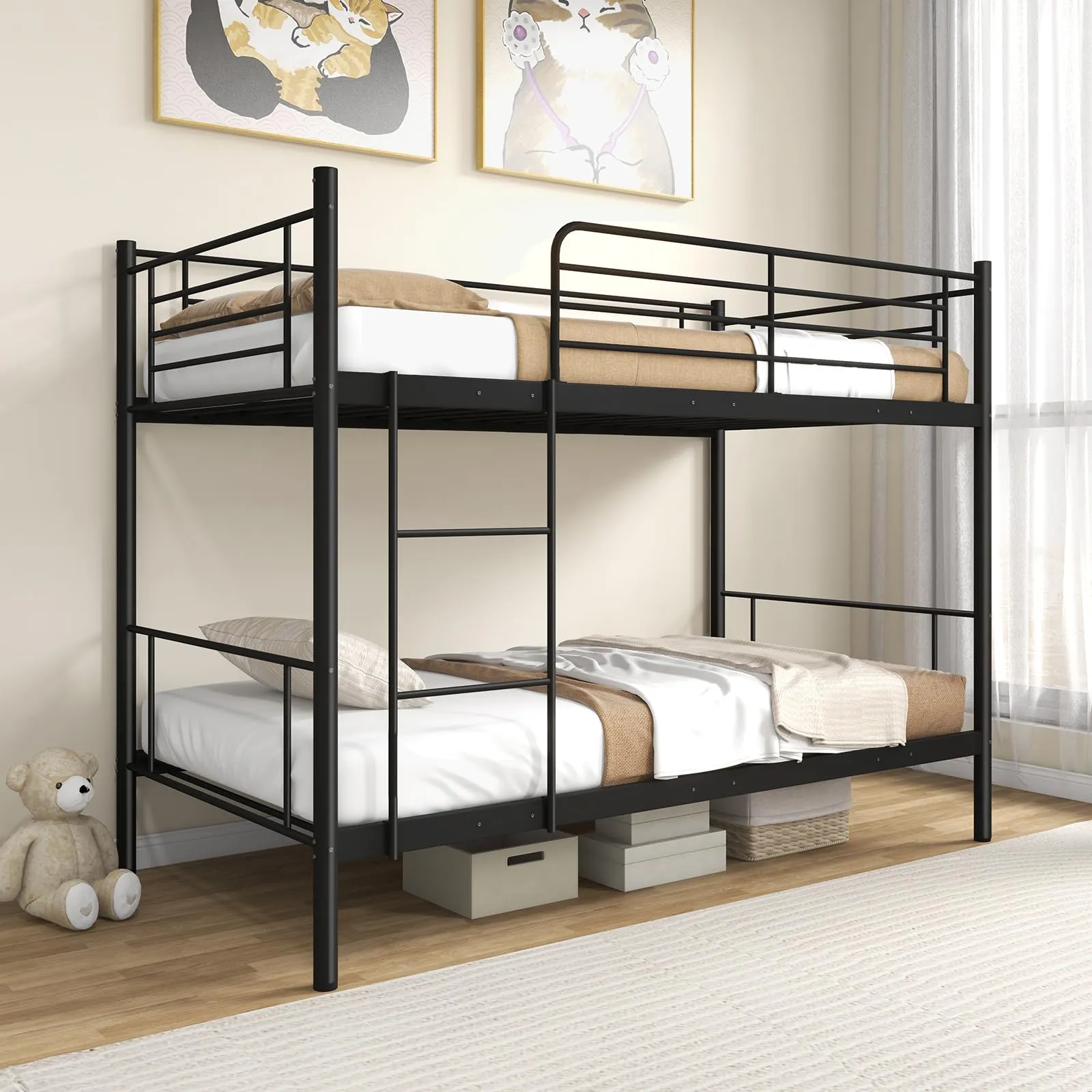 Giantex Bunk Bed Twin Over Twin, Metal Bunk Bed Frame w/Built-in Ladder, Safety Guardrail bed frame, queen bed