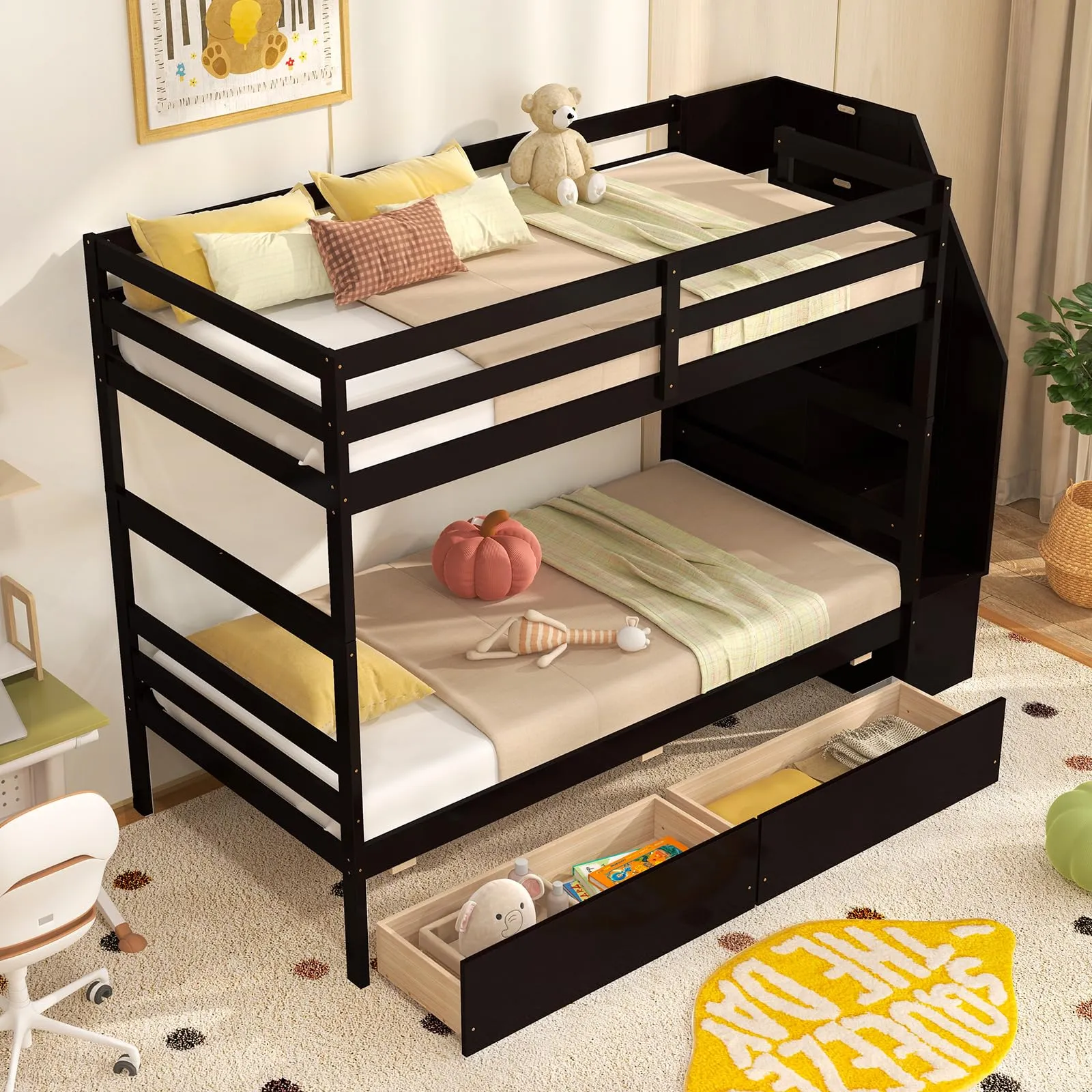 Giantex Bunk Bed Twin Over Twin with Storage Stairs & Drawers, Solid Wood Bunk Bed with Full-Length Guardrails