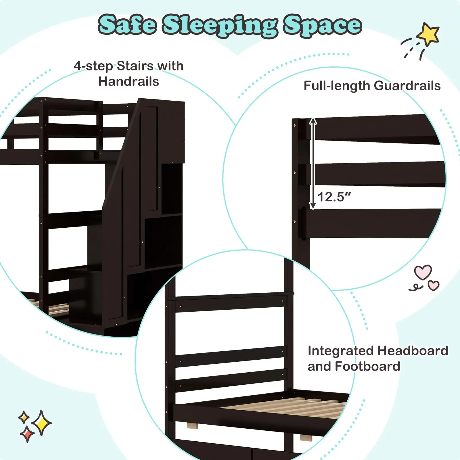 Giantex Bunk Bed Twin Over Twin with Storage Stairs & Drawers, Solid Wood Bunk Bed with Full-Length Guardrails